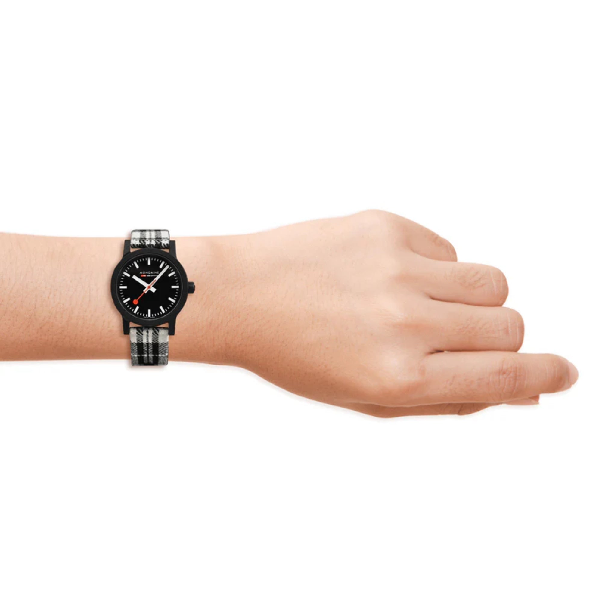 Mondaine Essence Quartz Black Dial Tartan Synthetic Strap Ladies Watch MS1.32120.LB