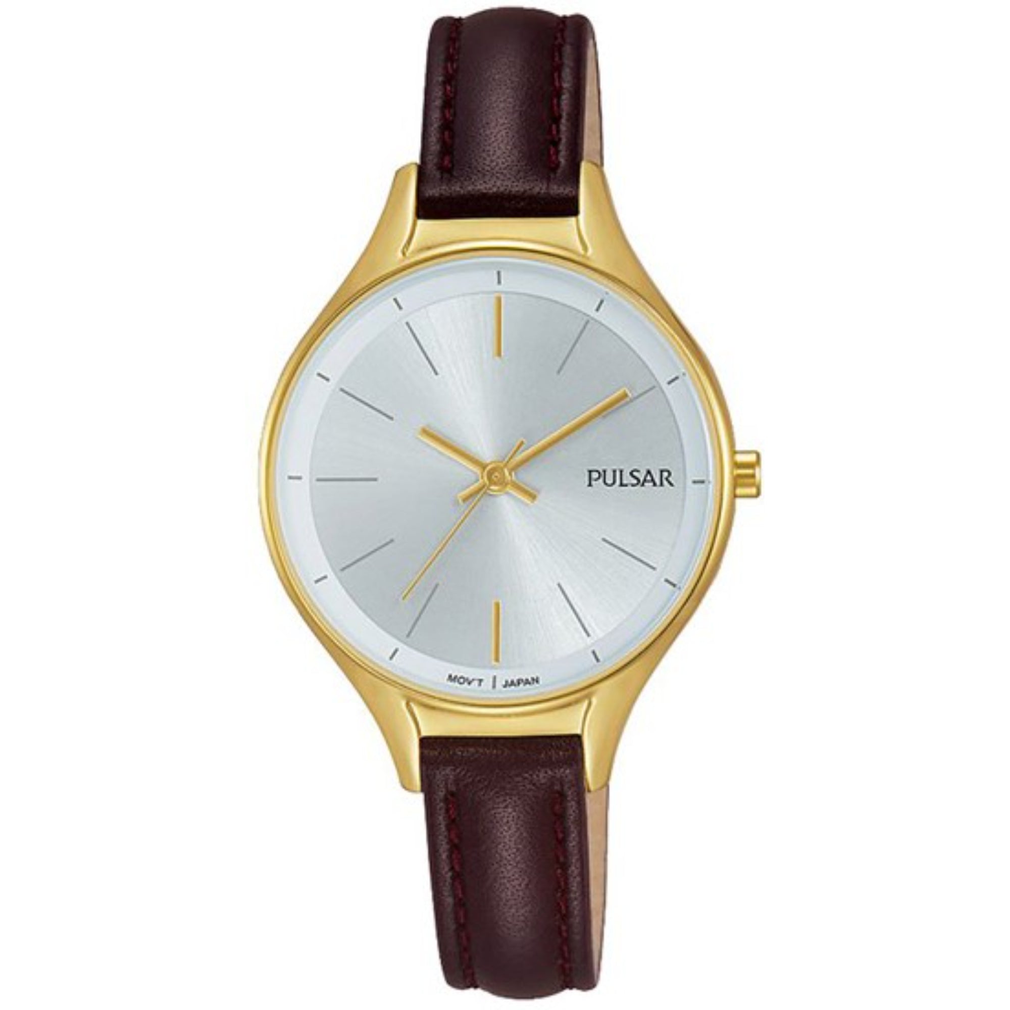 Pulsar Dress PVD Gold Plated Case Brown Leather Strap Silver Dial Ladies Watch PH8280X1