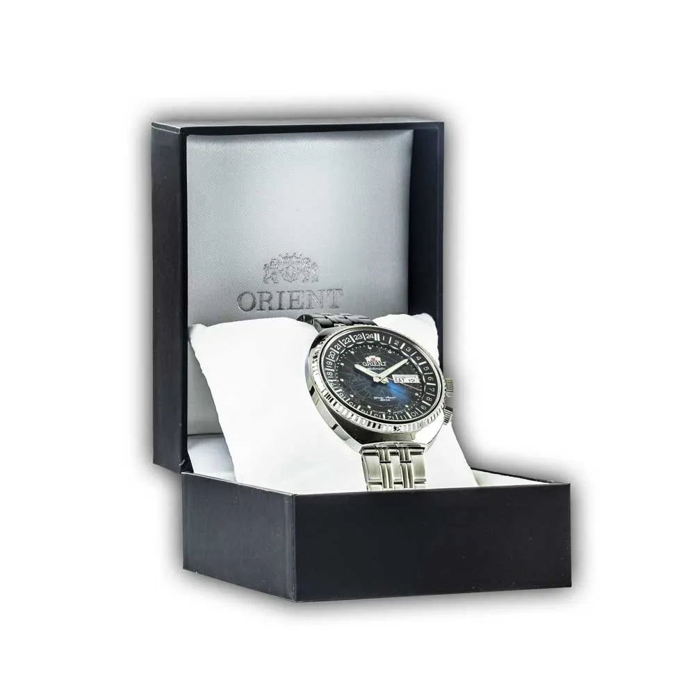 Orient World Map 43.5mm Revival Blue Dial Steel Mens Automatic Watch RA-AA0E03L19B