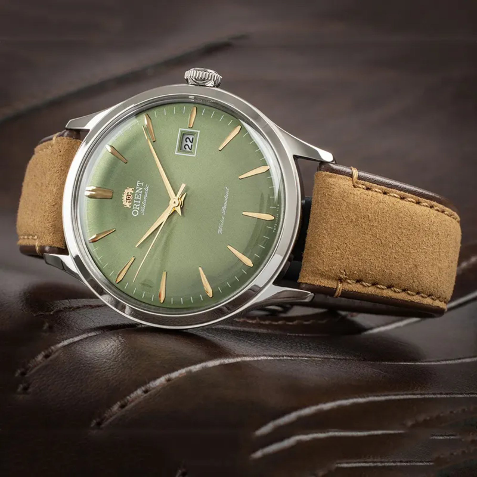 Orient Bambino Classic Vintage Style Automatic Green Dial Suede Strap Men's Dress Watch RA-AC0P01E30B
