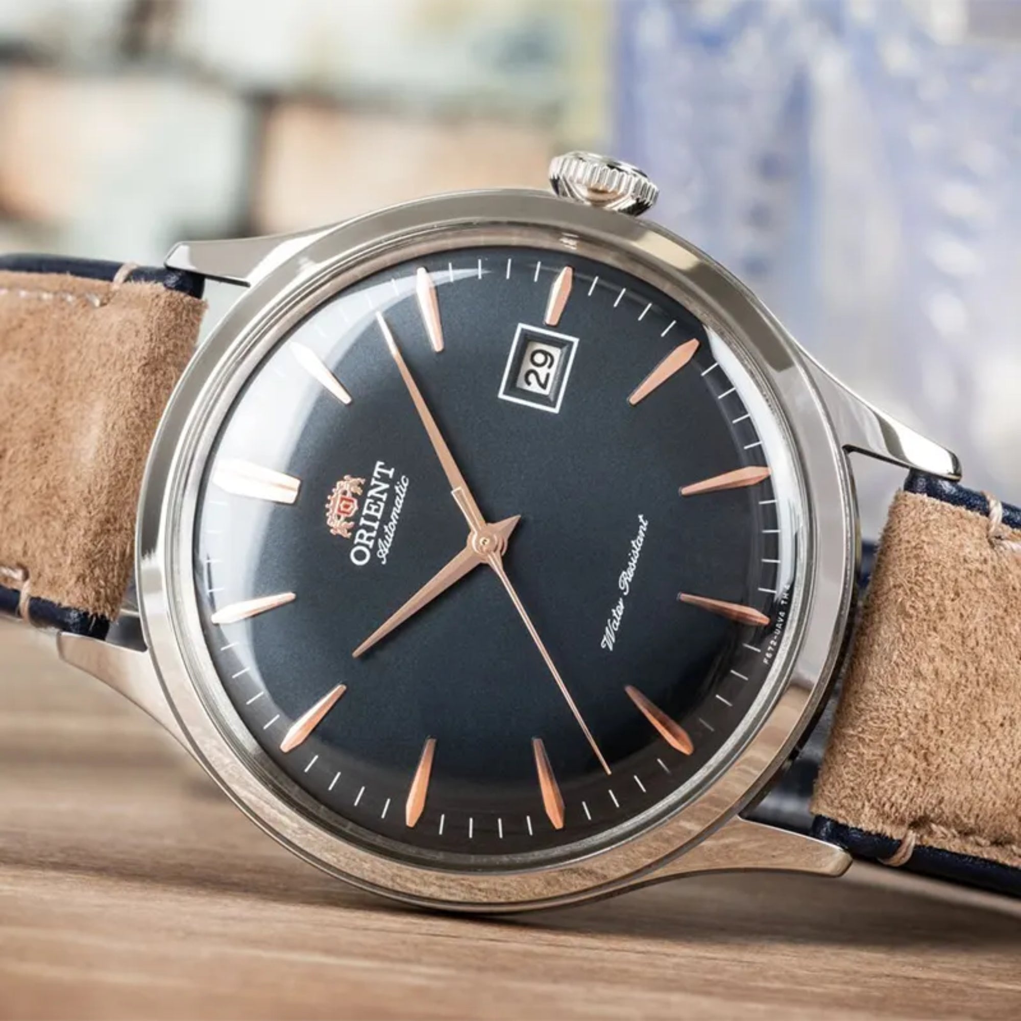 Orient Bambino Classic Vintage Style Automatic Navy Dial Leather Strap Men’s Dress Watch RA-AC0P02L30B