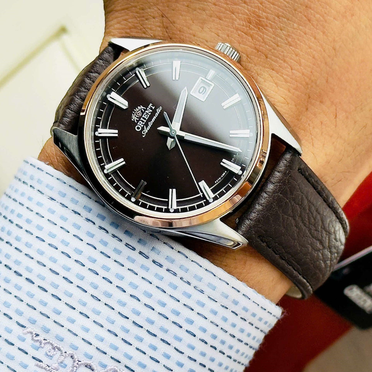 Orient Contemporary Stretto Date Automatic Brown Dial Leather Strap Men's Watch RA-AC0R03Y30B