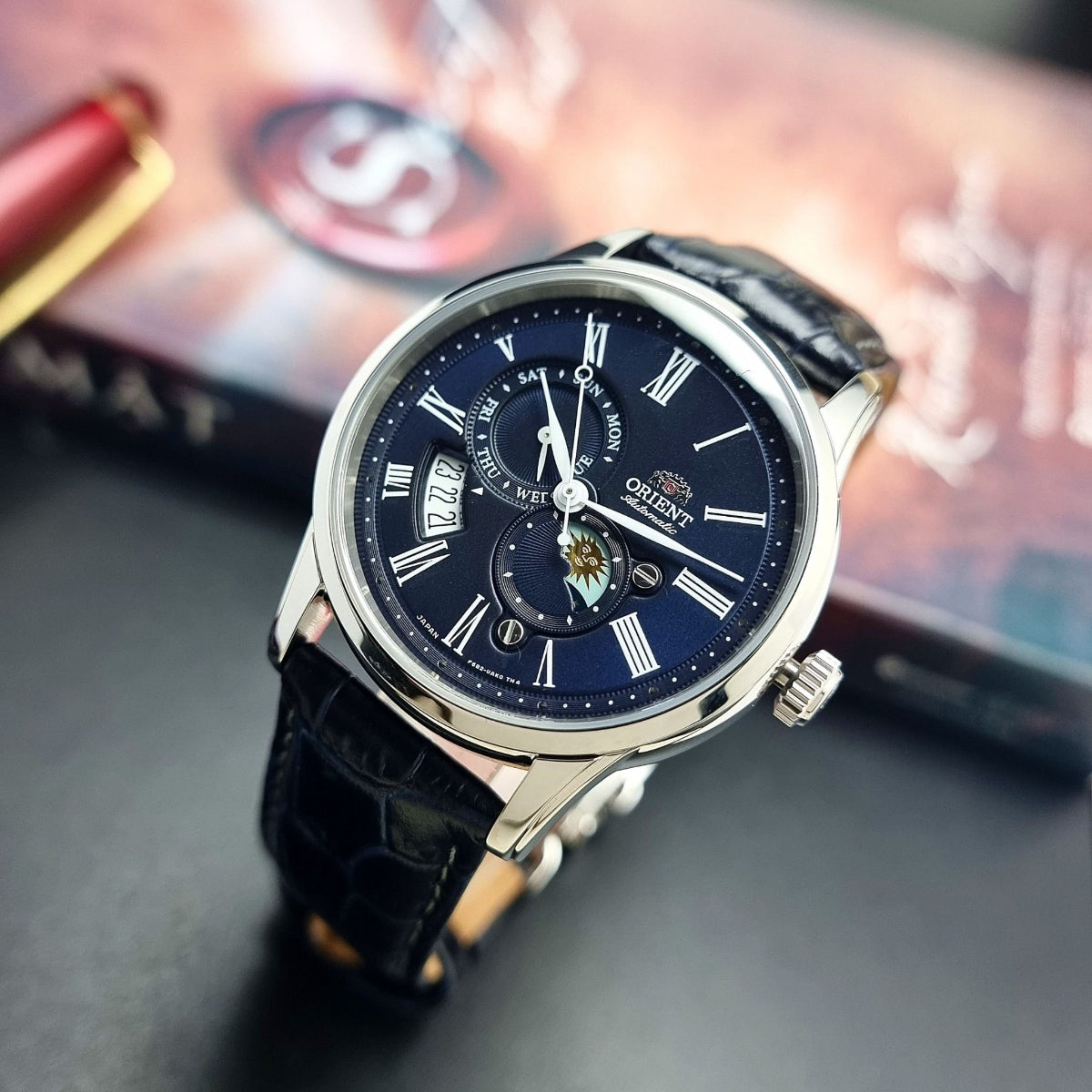 Orient Sun and Moon Automatic Blue Dial Leather Strap Men's Watch RA-AK0011D30B