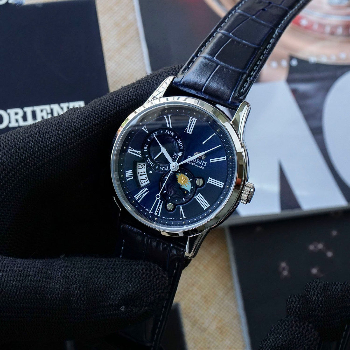 Orient Sun and Moon Automatic Blue Dial Leather Strap Men's Watch RA-AK0011D30B