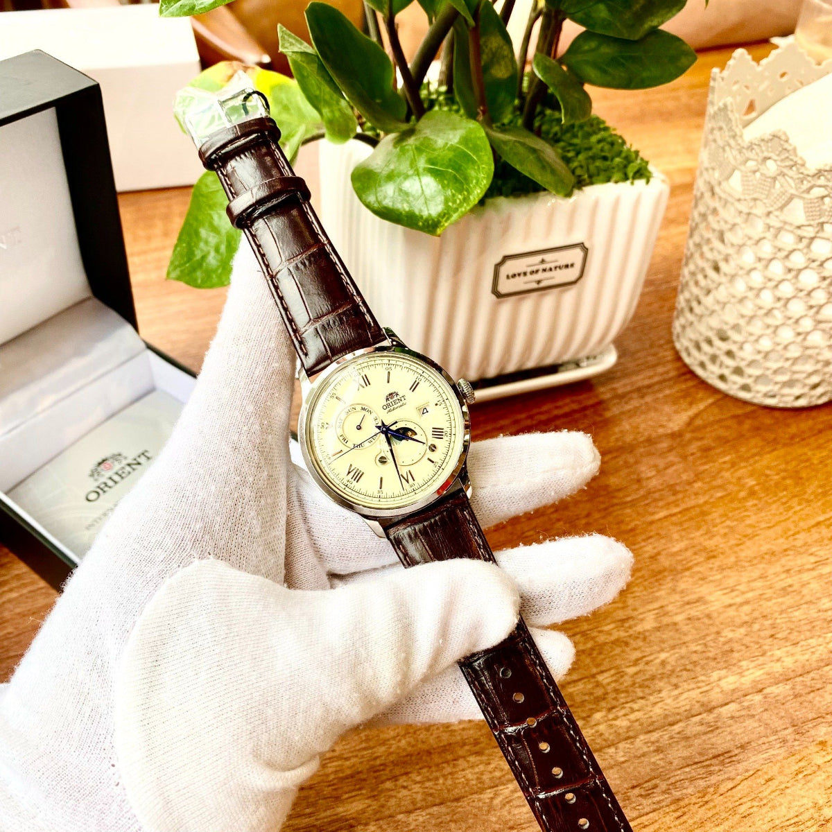 Orient Bambino Sun & Moon Automatic Champagne Dial Leather Strap Men's Watch RA-AK0803Y30B