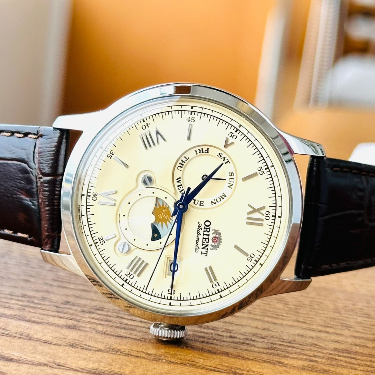 Orient Bambino Sun & Moon Automatic Champagne Dial Leather Strap Men's Watch RA-AK0803Y30B