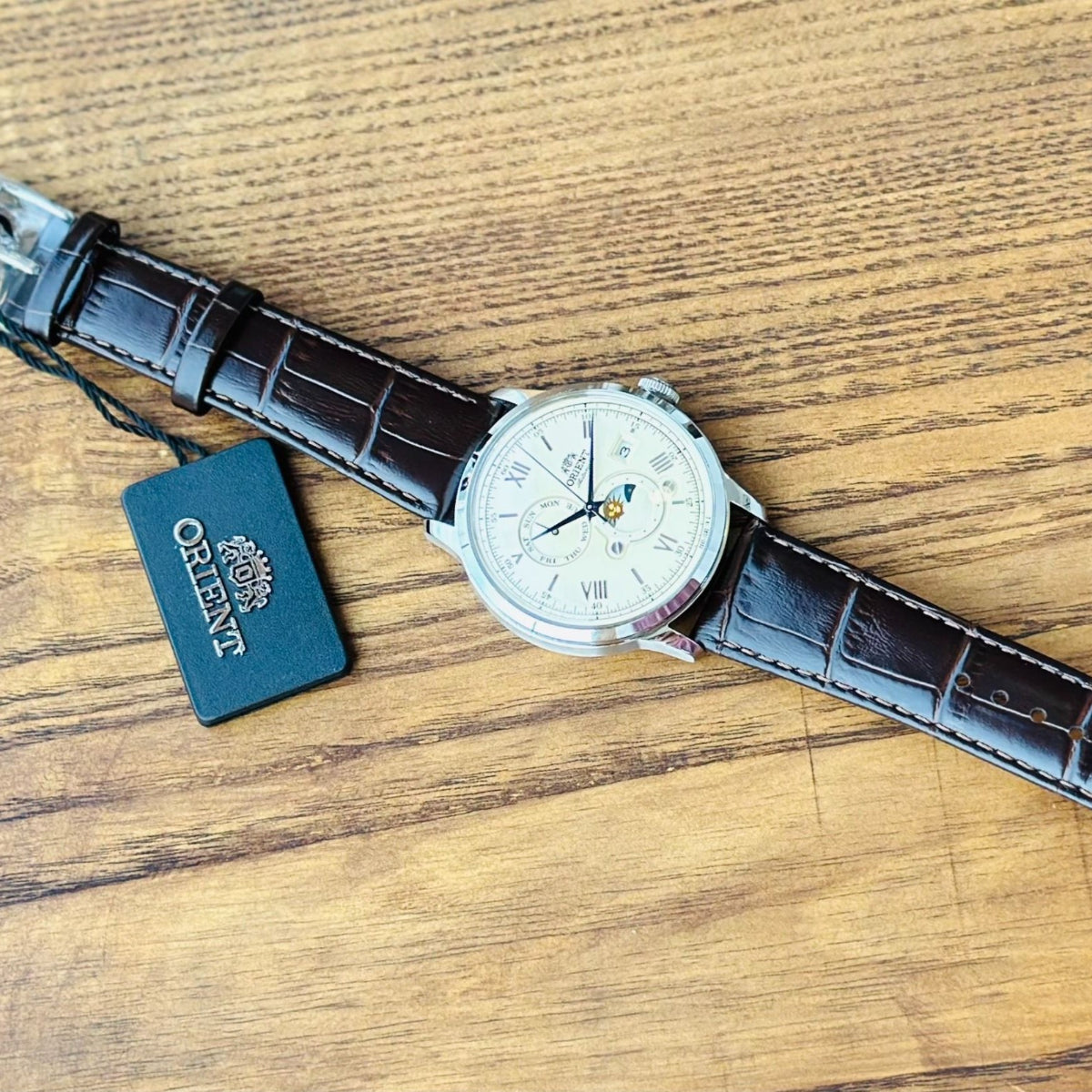 Orient Bambino Sun & Moon Automatic Champagne Dial Leather Strap Men's Watch RA-AK0803Y30B