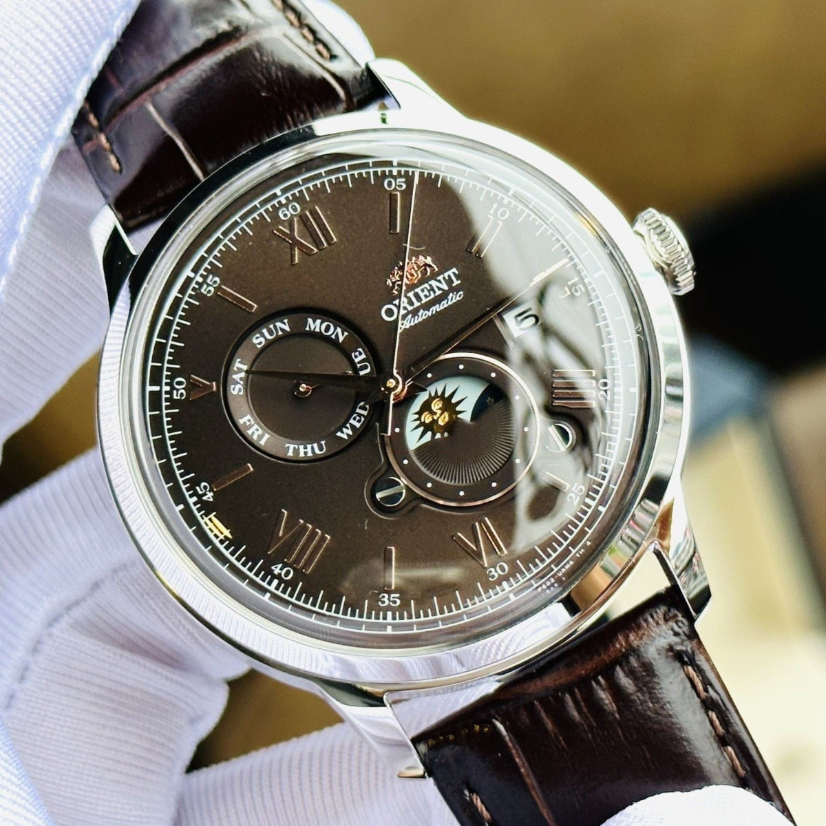 Orient Bambino 41.5mm Sun & Moon Brown Dial Leather Mens Automatic Watch RA-AK0804Y30B
