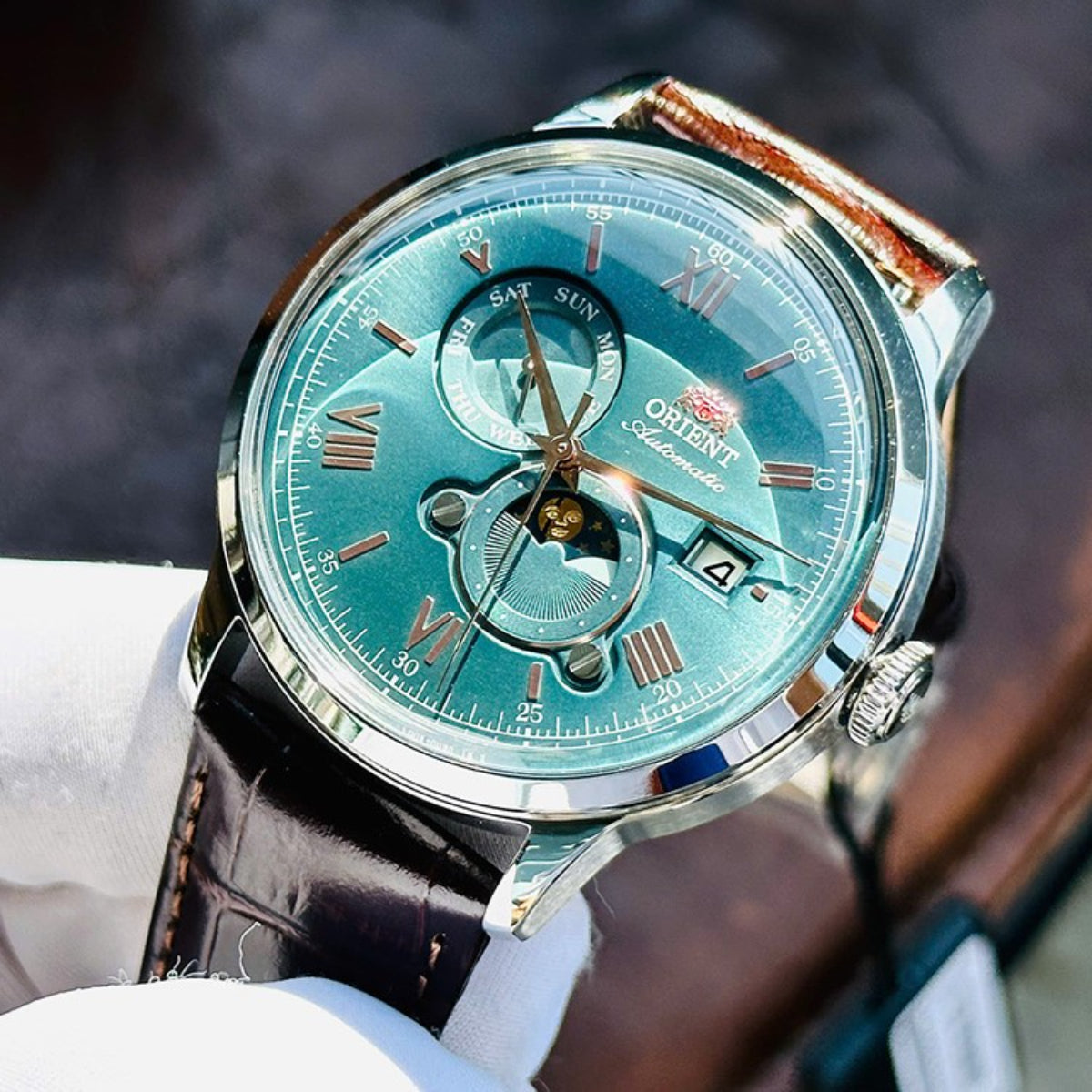 Orient Bambino Sun & Moon Green Dial Leather Strap Men's Watch RA-AK0805E30B