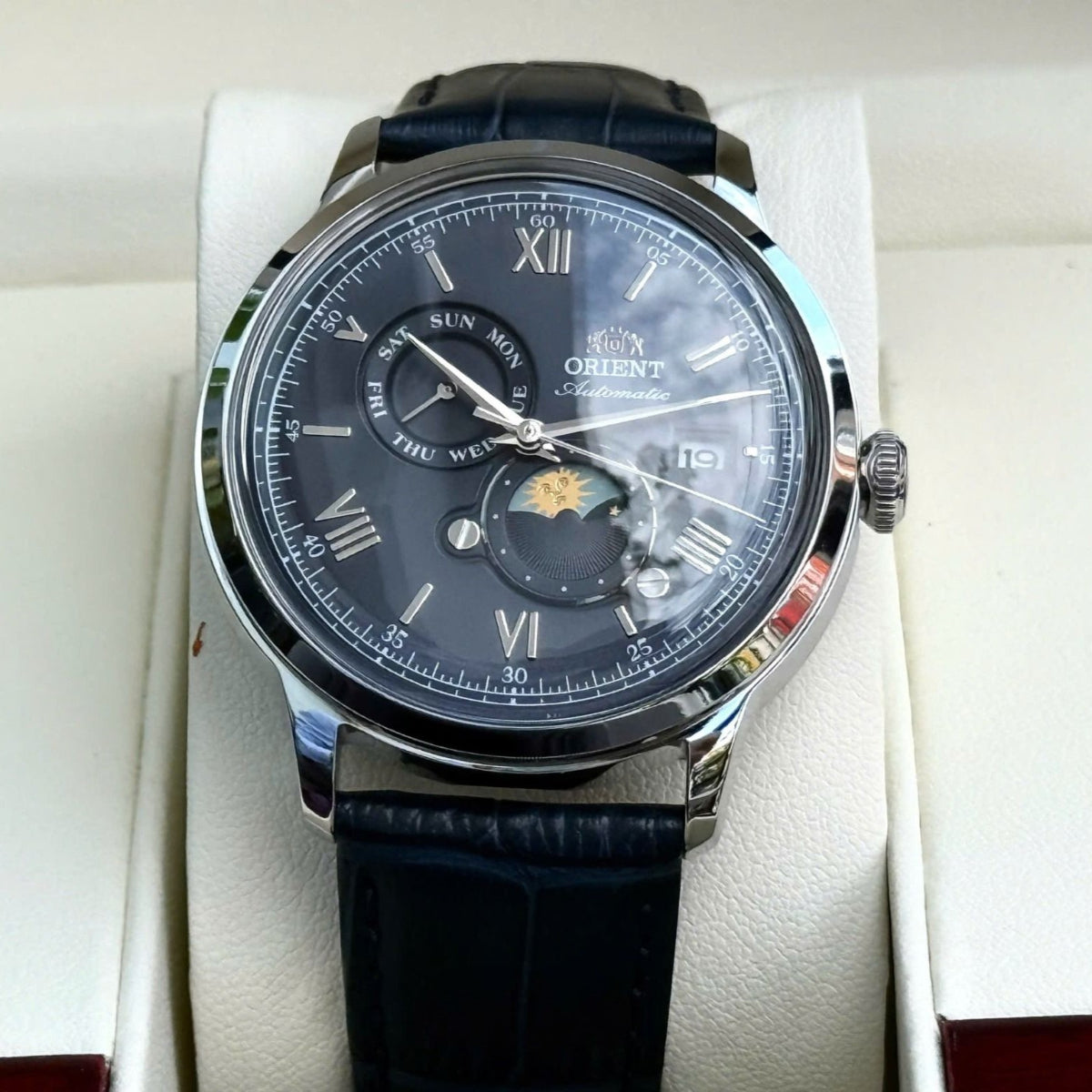 Orient Bambino Sun & Moon Blue Dial Leather Strap Men's Dress Watch RA-AK0806L30B