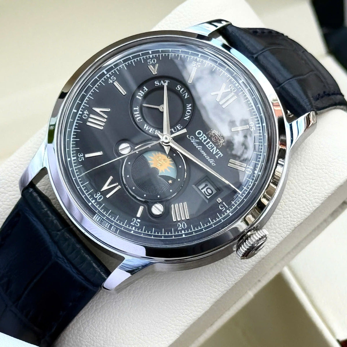 Orient Bambino Sun & Moon Blue Dial Leather Strap Men's Dress Watch RA-AK0806L30B