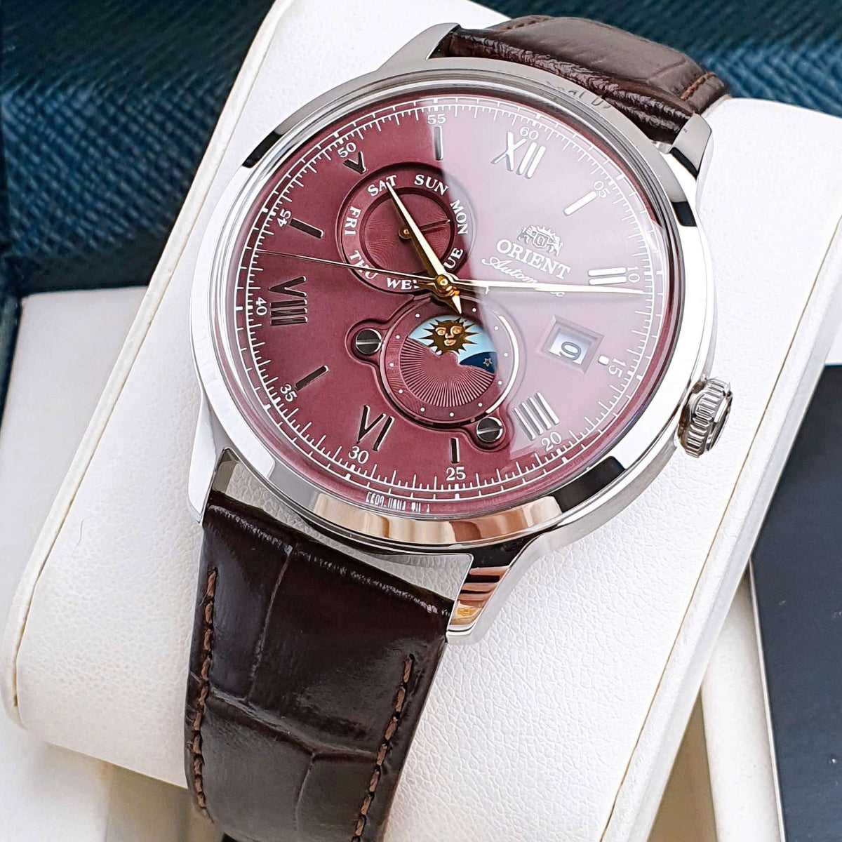 Orient Bambino Sun & Moon Red Dial Men's Watch RA-AK0807R30B