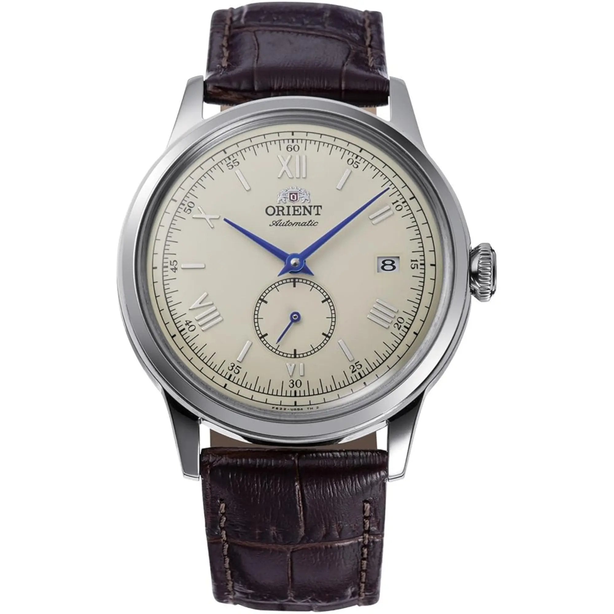 Front view of Orient Bambino 38mm Small Seconds RA-AP0105Y30B automatic watch featuring a champagne dial, blue hands, Roman numerals, date window, and brown leather strap