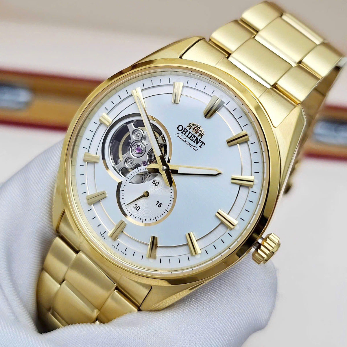 Close-up of Orient RA-AR0007S30B white dial with open heart
