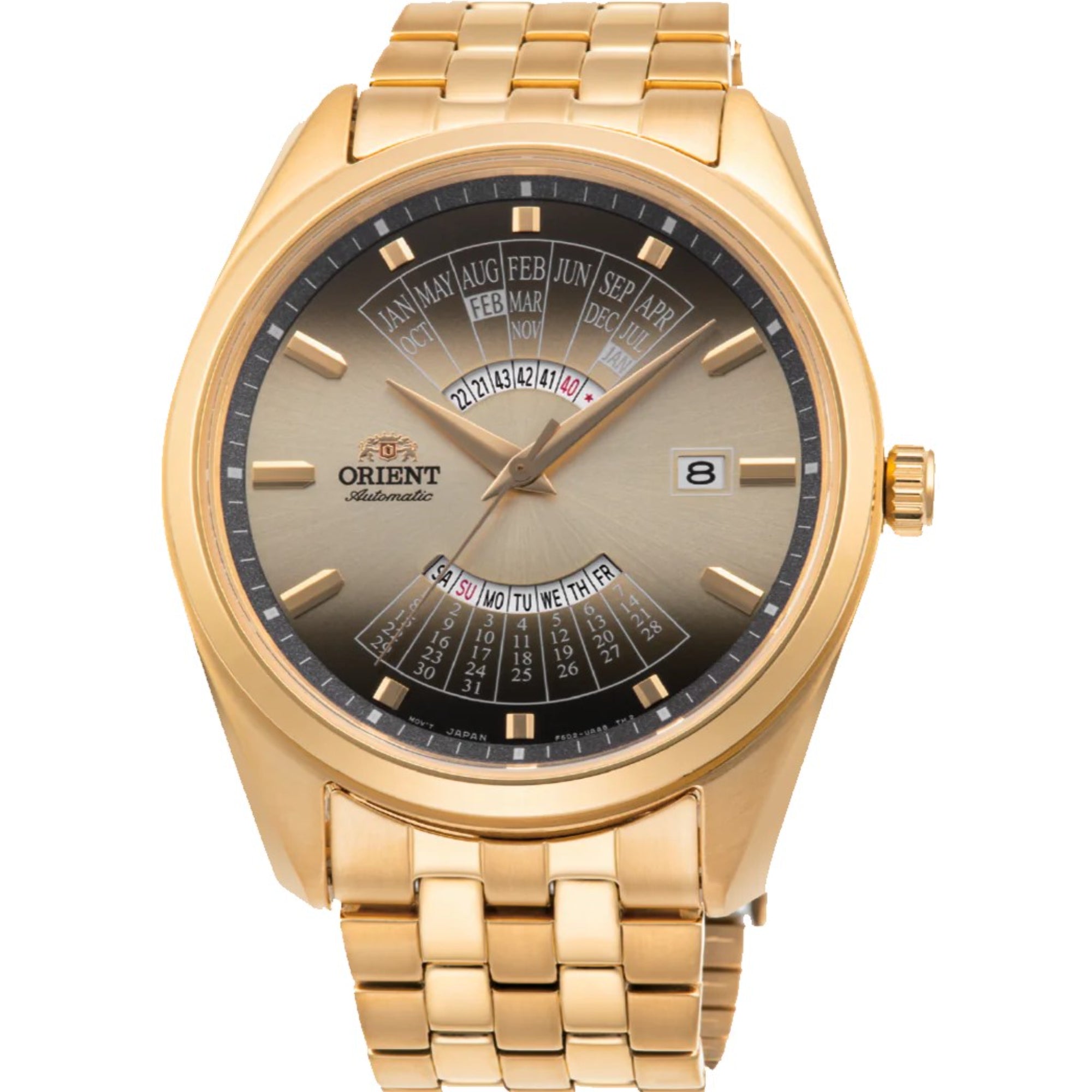 Orient Contemporary Multi-Year Calendar Automatic Gold Dial Stainless Steel Strap Men’s Watch RA-BA0001G30B