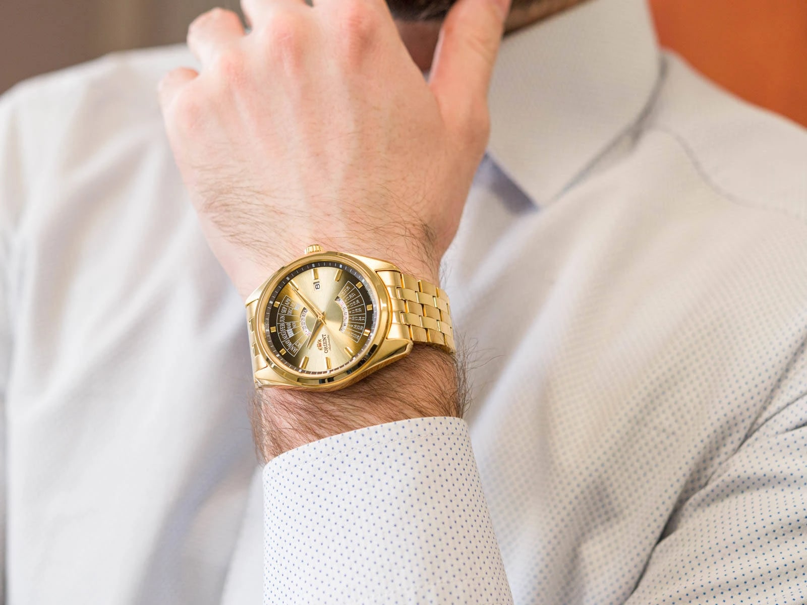 Orient Multi-Year Calendar Mechanical Gold Dial PVD Plated Stainless Steel Bracelet Men’s Watch RA-BA0001G10B