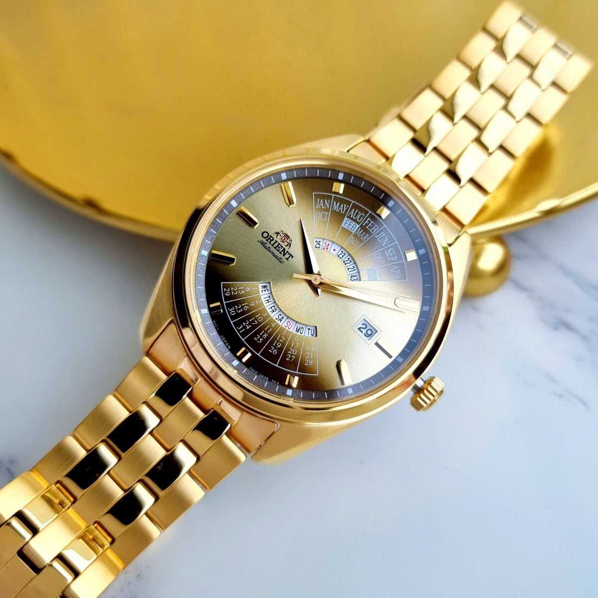 Orient Contemporary Multi-Year Calendar Automatic Champagne Dial Steel Strap Men’s Watch RA-BA0001G30B