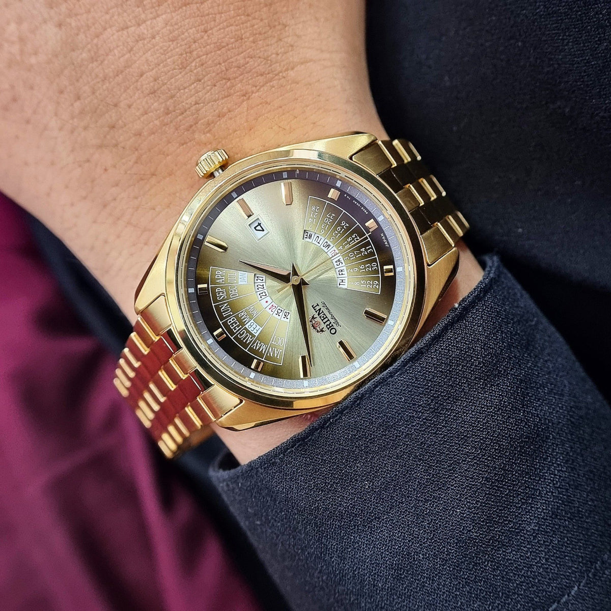 Orient Contemporary Multi-Year Calendar Automatic Champagne Dial Steel Strap Men’s Watch RA-BA0001G30B