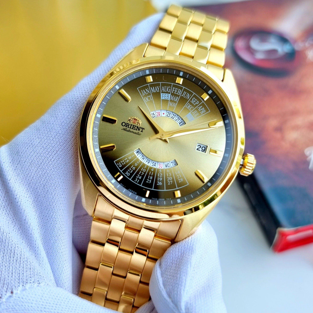 Orient Contemporary Multi-Year Calendar Automatic Champagne Dial Steel Strap Men’s Watch RA-BA0001G30B