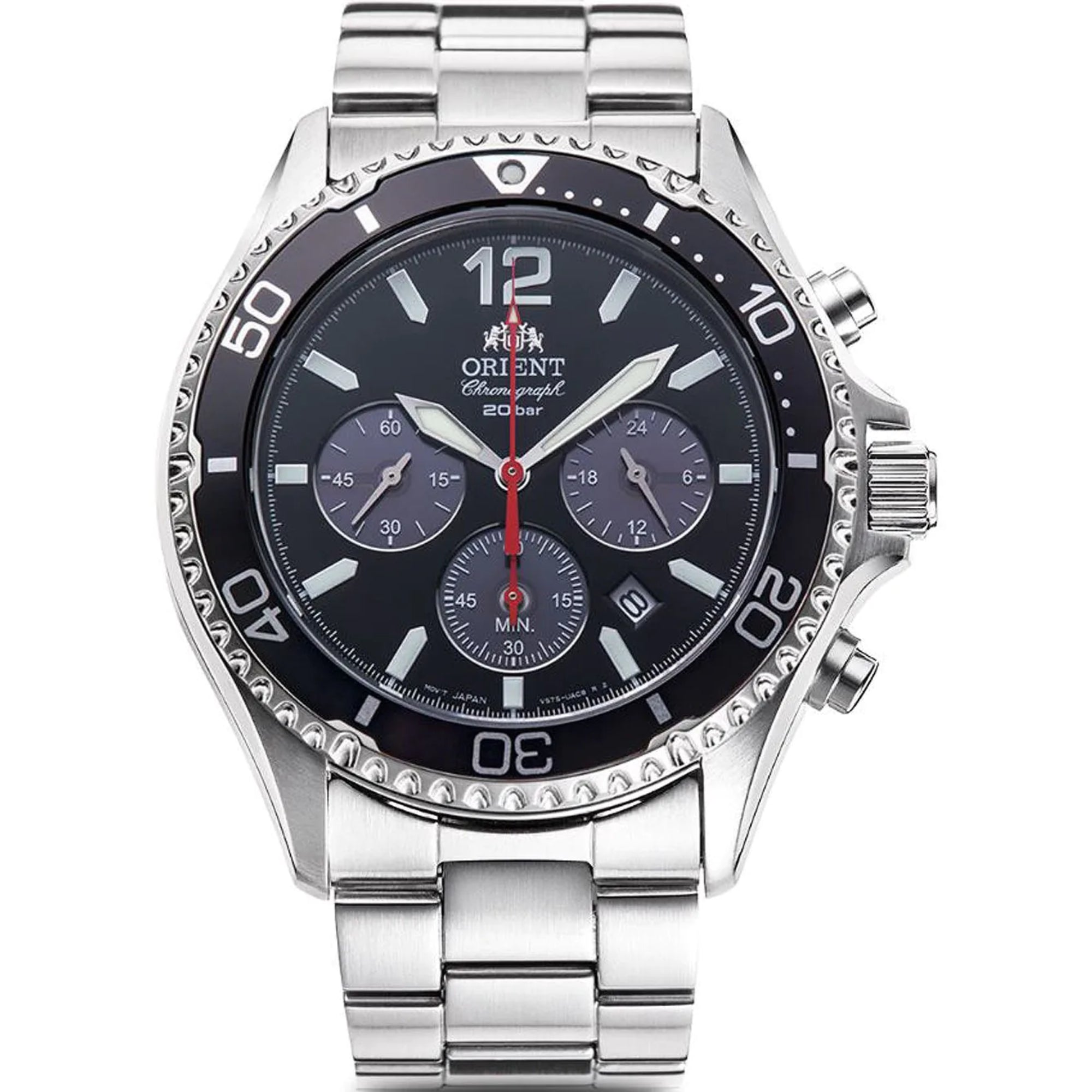 Orient Mako Solar Chronograph Quartz Black Dial Steel Strap Men's Dive Watch RA-TX0202B10B
