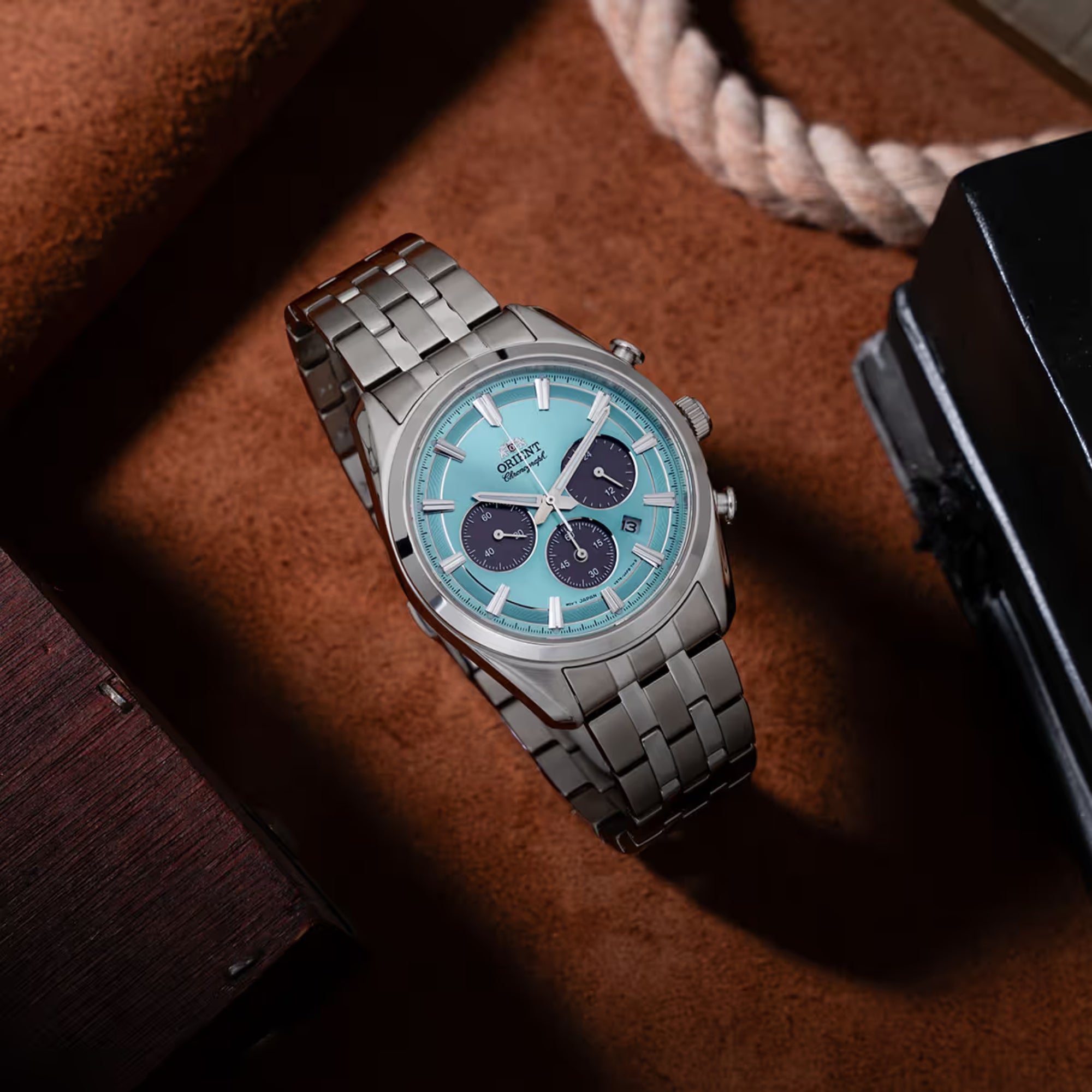 Orient Contemporary Stretto Date Solar Chronograph Blue Dial Steel Strap Men’s Watch RA-TX0304L10B