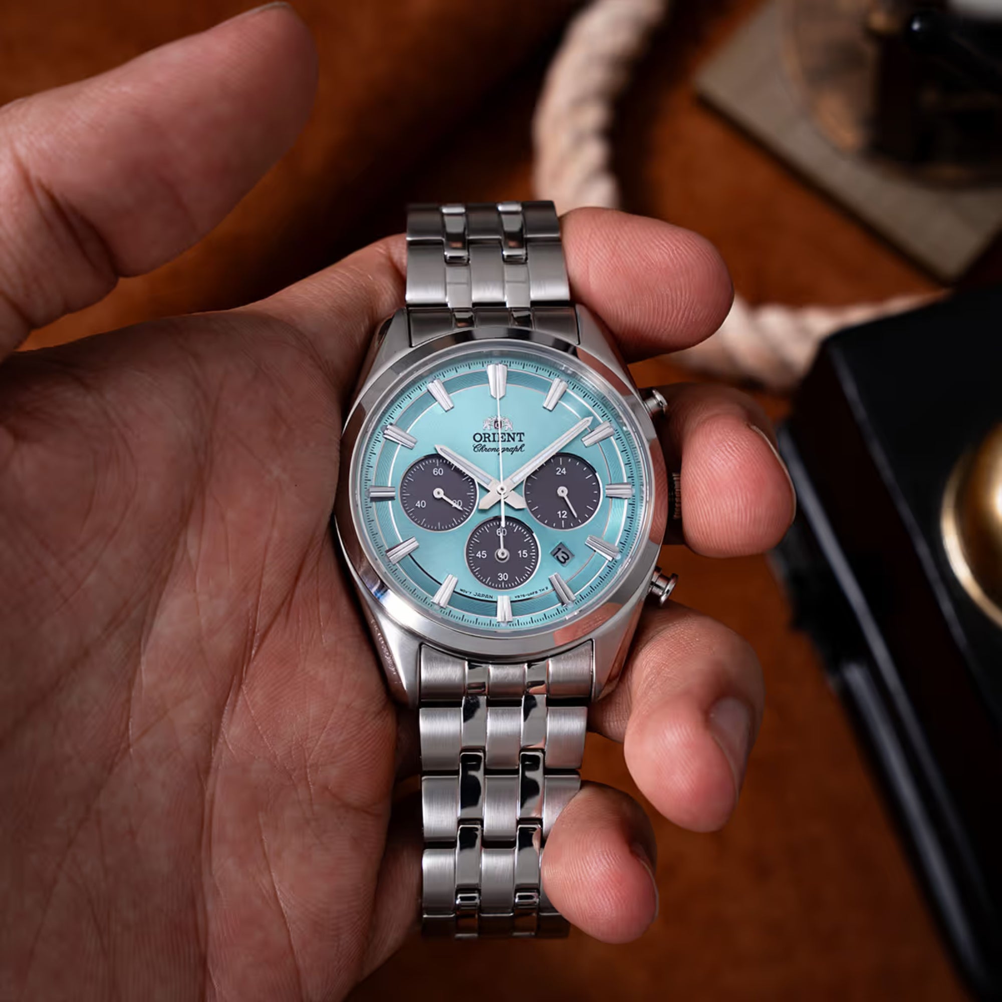 Orient Contemporary Stretto Date Solar Chronograph Blue Dial Steel Strap Men’s Watch RA-TX0304L10B