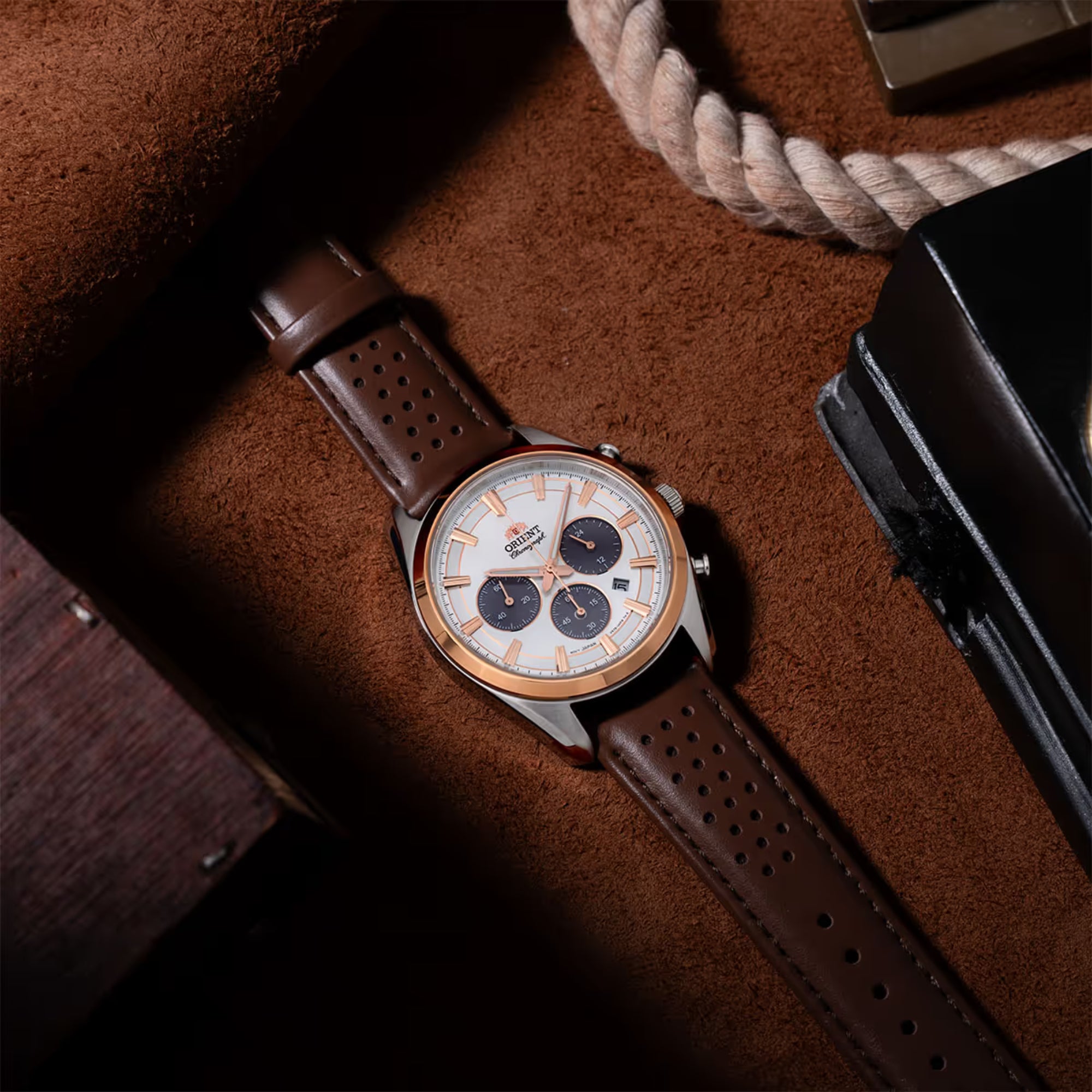 Orient Contemporary Stretto Date Solar Chronograph White Dial Brown Leather Strap Men’s Watch RA-TX0306S10B