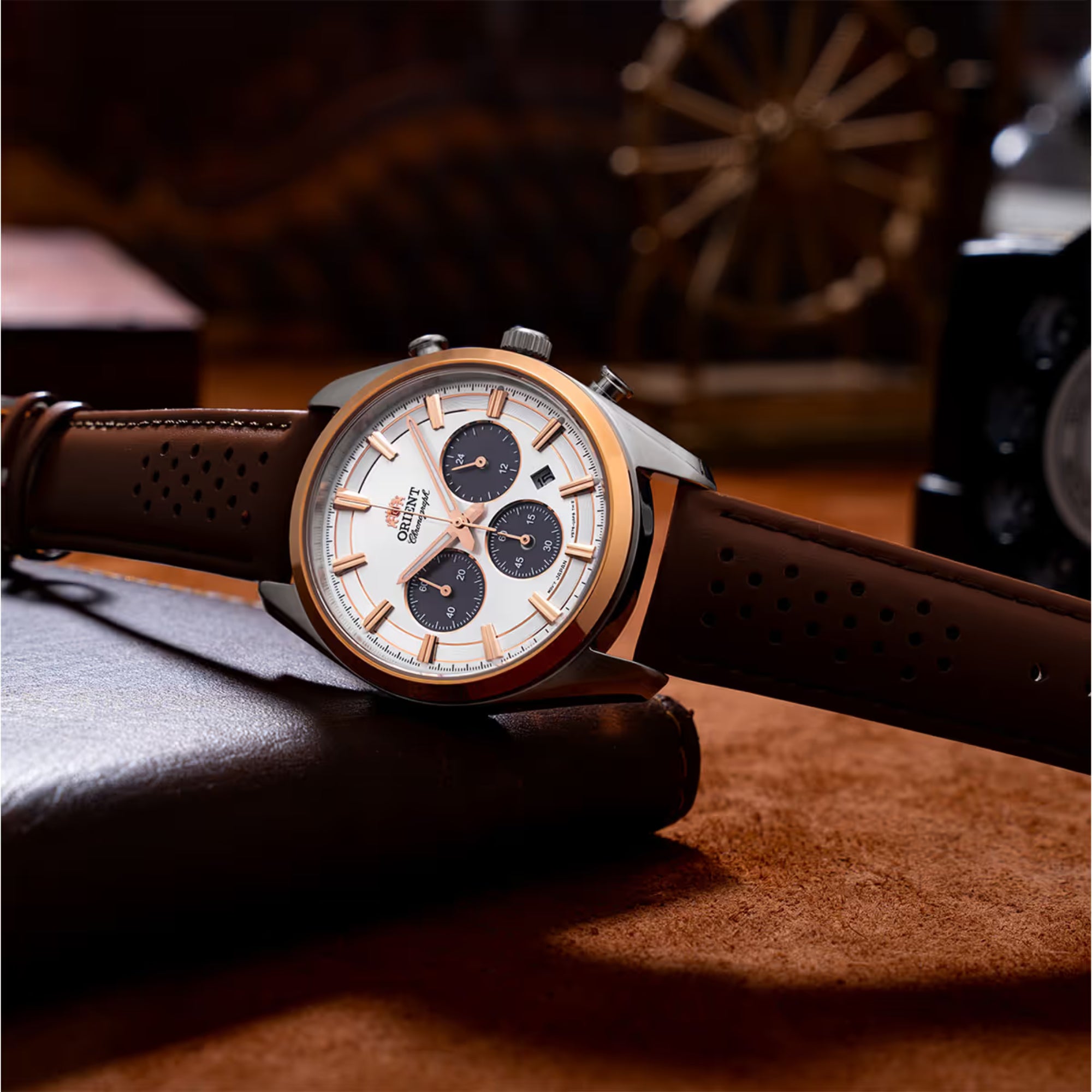 Orient Contemporary Stretto Date Solar Chronograph White Dial Brown Leather Strap Men’s Watch RA-TX0306S10B