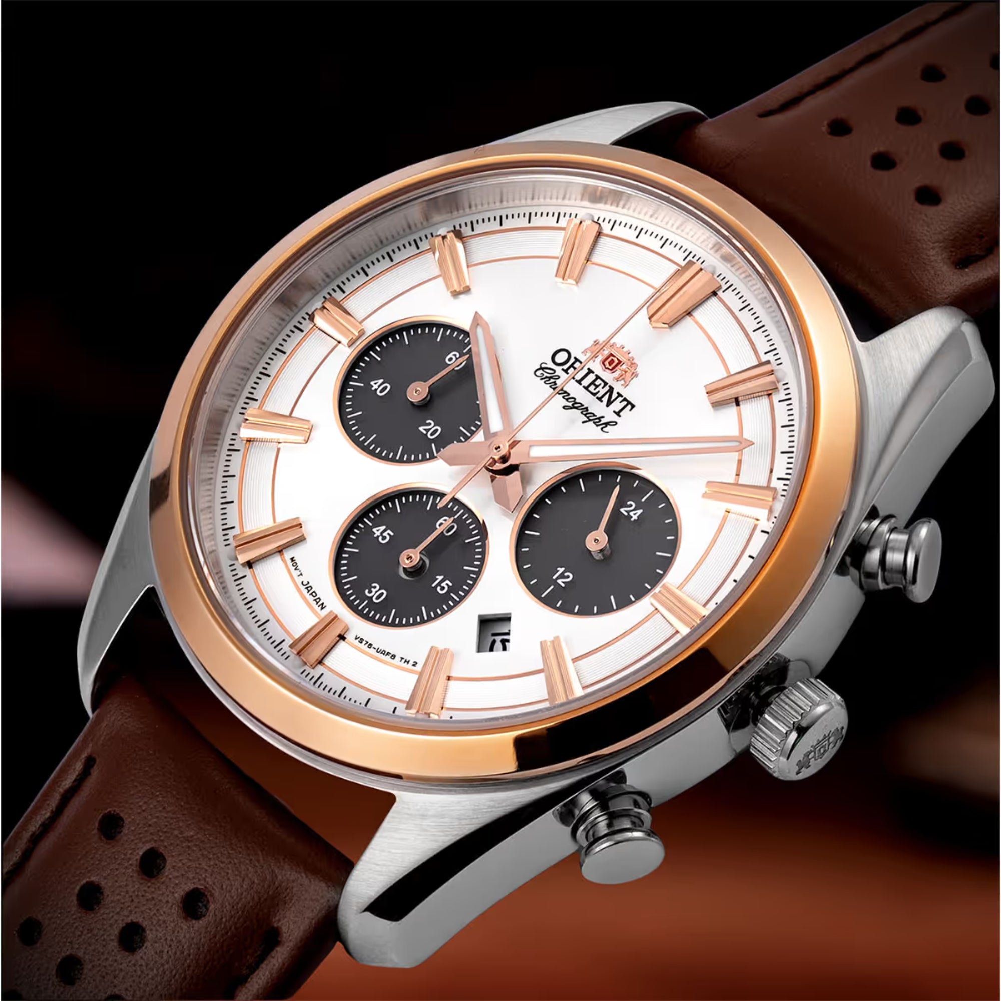 Orient Contemporary Stretto Date Solar Chronograph White Dial Brown Leather Strap Men’s Watch RA-TX0306S10B