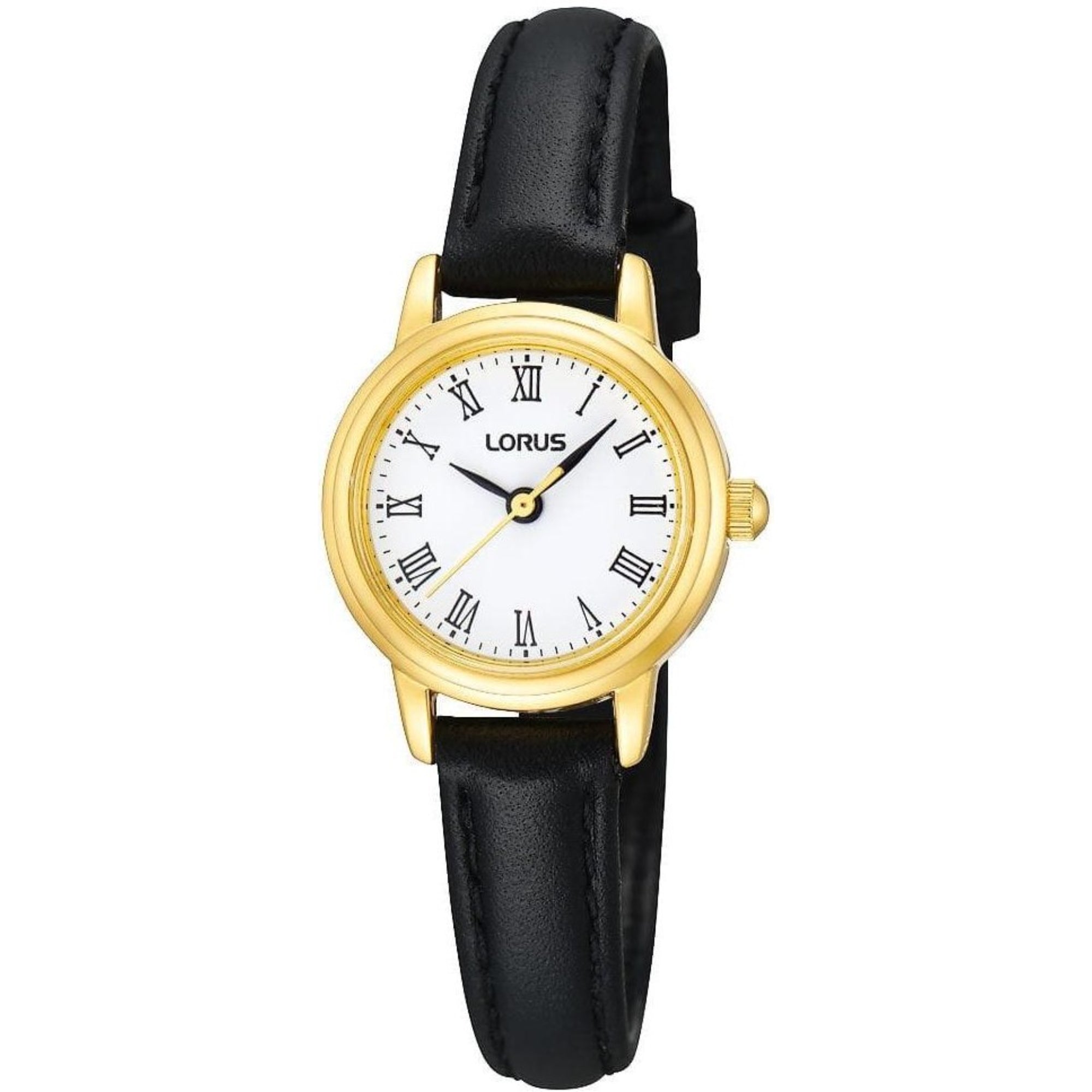 Lorus PVD Gold Plated Case Black Leather Strap White Dial Ladies Watch RG294HX9