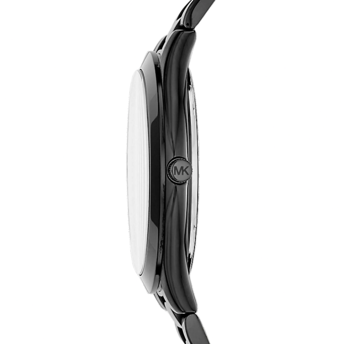 Michael Kors Slim Runway MK8507 side profile view displaying the slim black stainless steel case, minimalist crown with MK engraving, and polished bezel finish