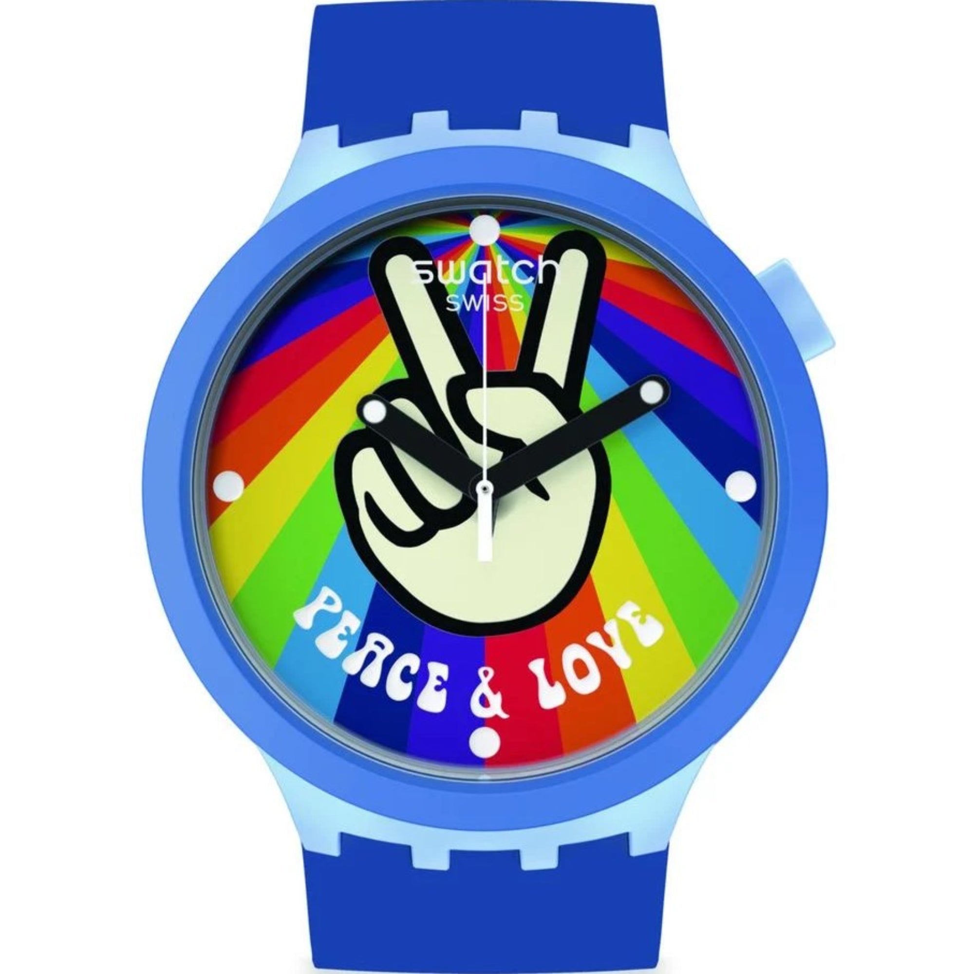 Swatch Big Bold Bioceramic Peace Hand Love Quartz White Dial Blue Silicone Strap Unisex Watch SB03N105