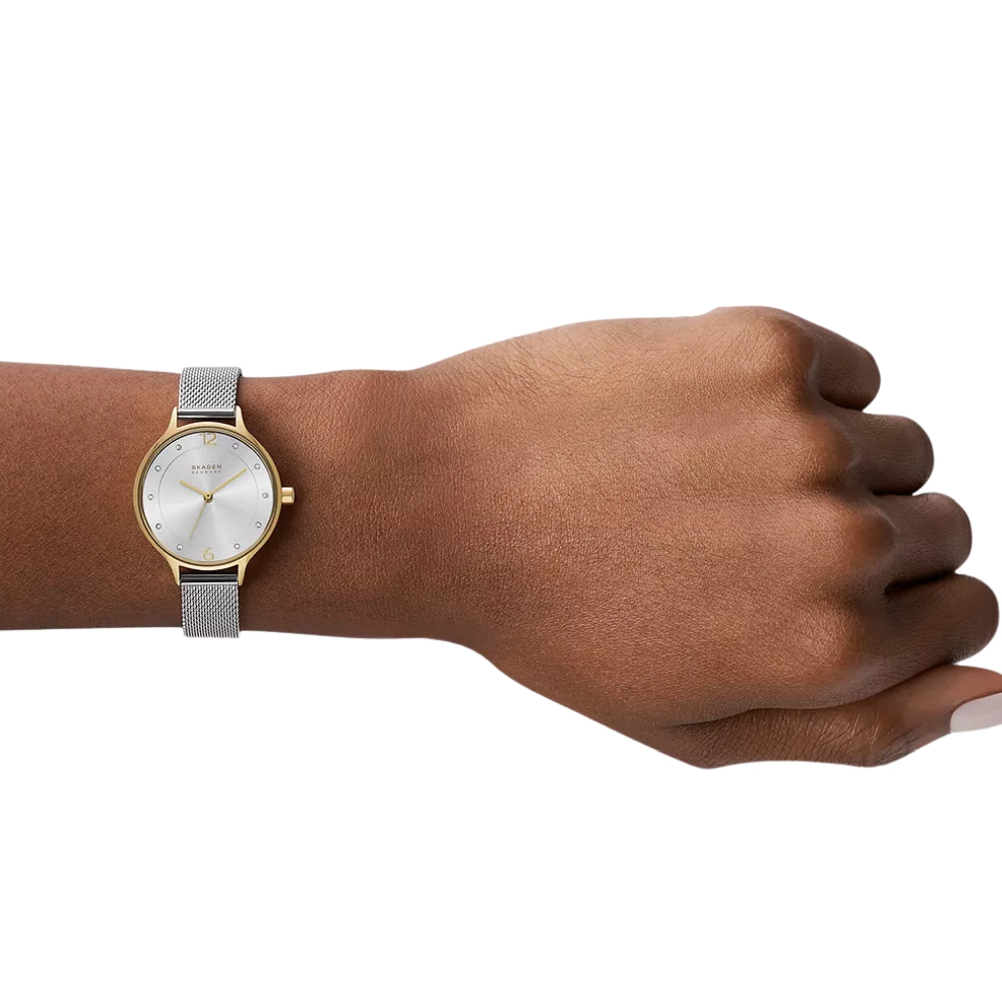 Orologio da donna Skagen Anita Lille con cinturino in maglia d'acciaio bicolore e quadrante bianco argento SKW2340