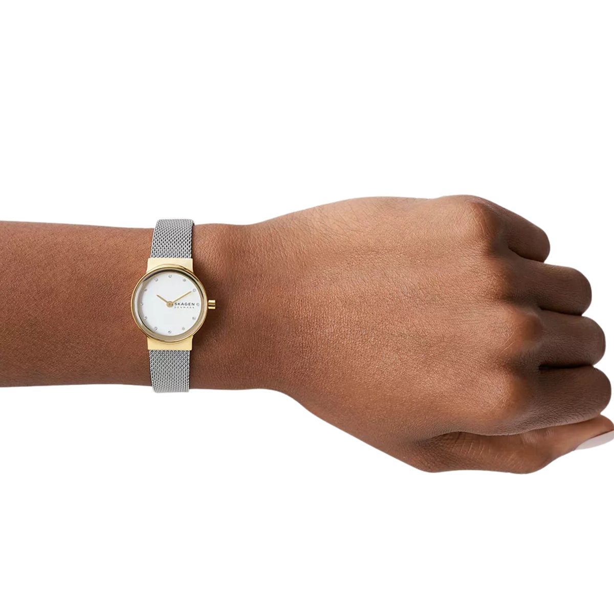 Orologio da donna Skagen Freja Lille con cinturino in maglia d'acciaio bicolore e quadrante bianco argento SKW2666