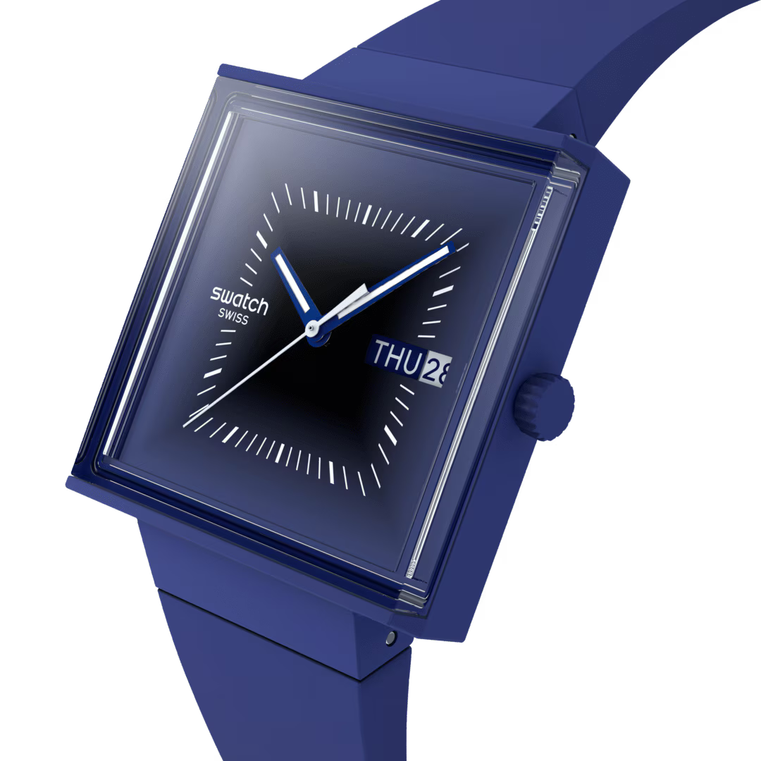 Swatch Squarely Blacklight Dark Blue Dial Silicone Strap Unisex Watch SO34N700