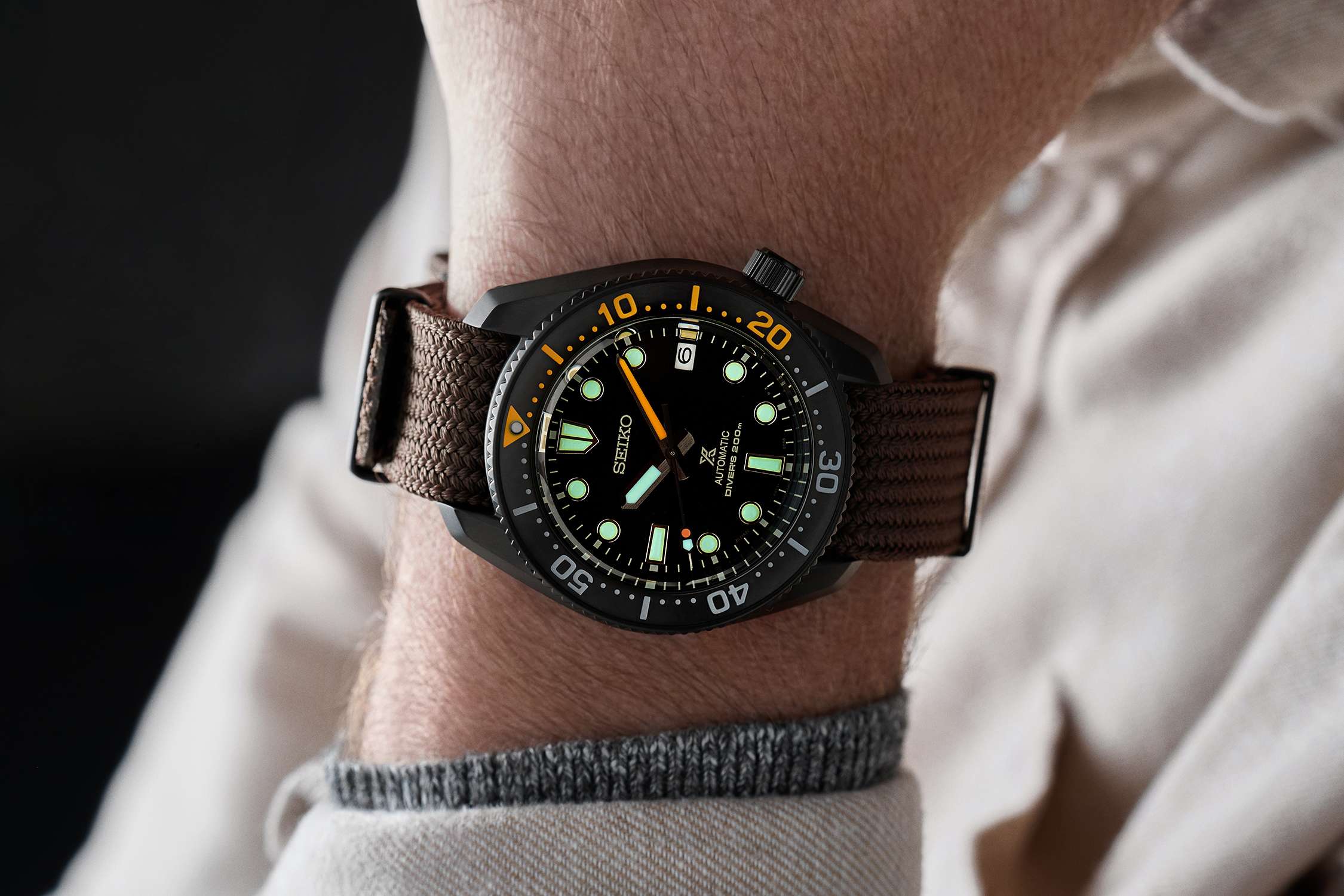 Seiko Prospex Black Series Heritage Collection 1968 Recreation Automatic Black Dial Brown Textile Strap Men's Watch SPB255J1