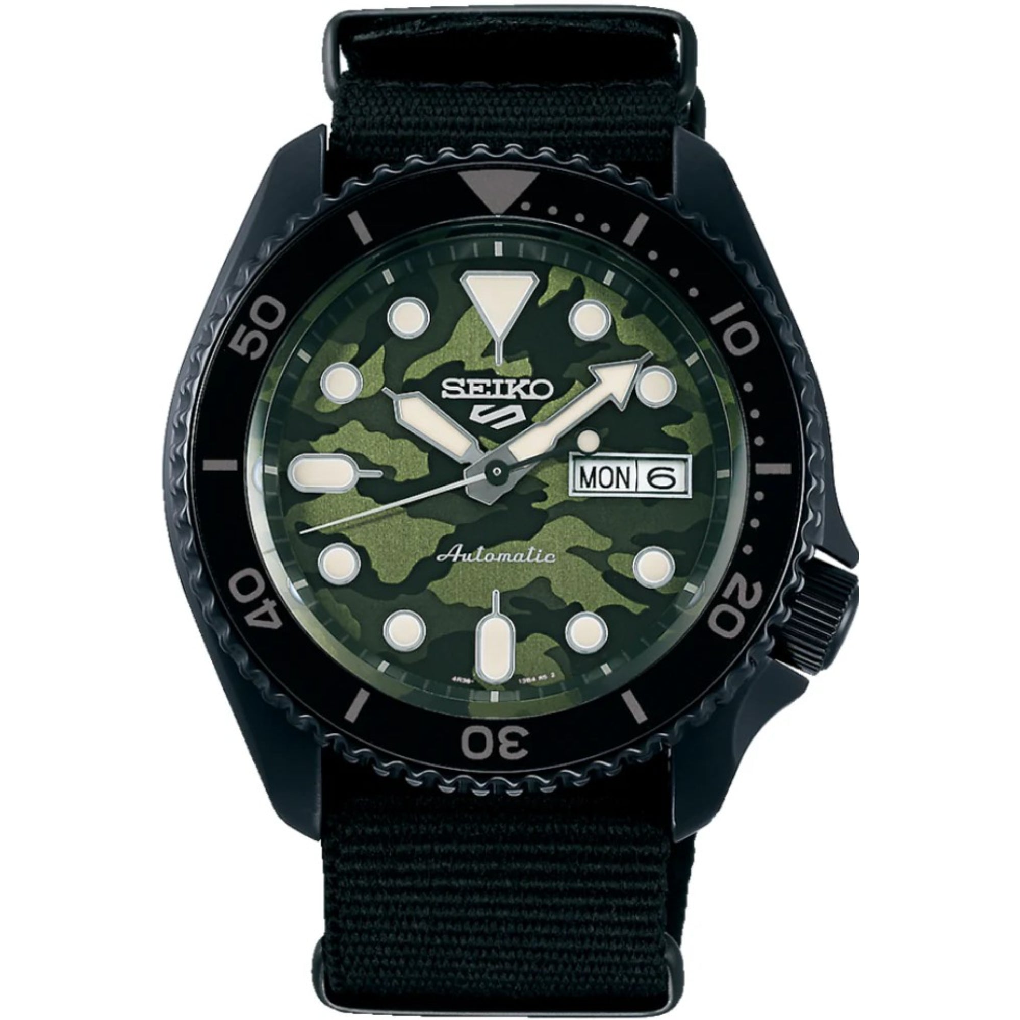 Seiko 5 Sports Camouflage Street Style Green Dial Black Textile NATO Strap Men's Watch SRPJ37K1