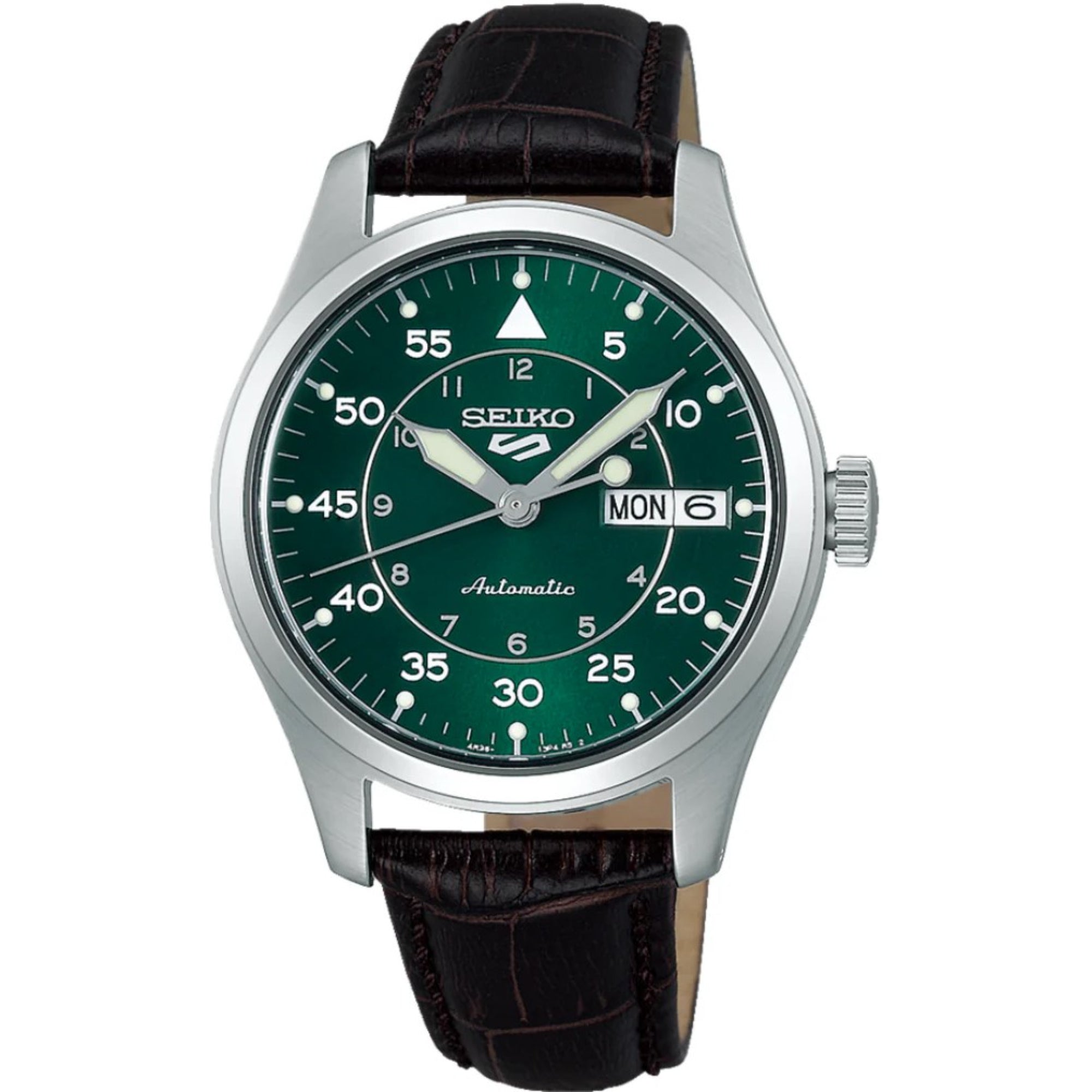 Seiko 5 Sports 'Kelly Green Flieger' Pilot/Aviation Style Automatic Green Dial Leather Strap Watch SRPJ89K1