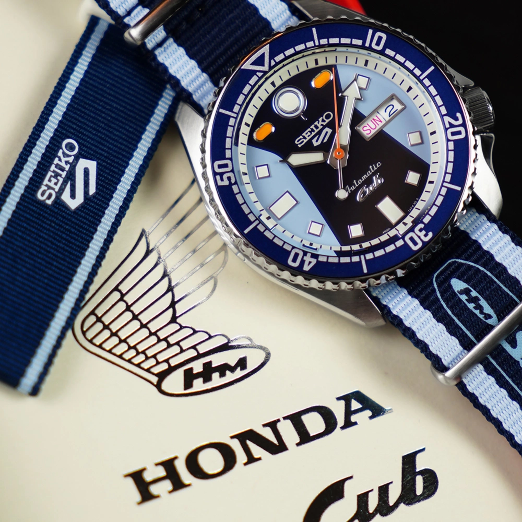 Seiko 5 Sports x Honda Super Cub III Automatic Blue Dial Blue NATO Strap Men's Watch SRPK37K1