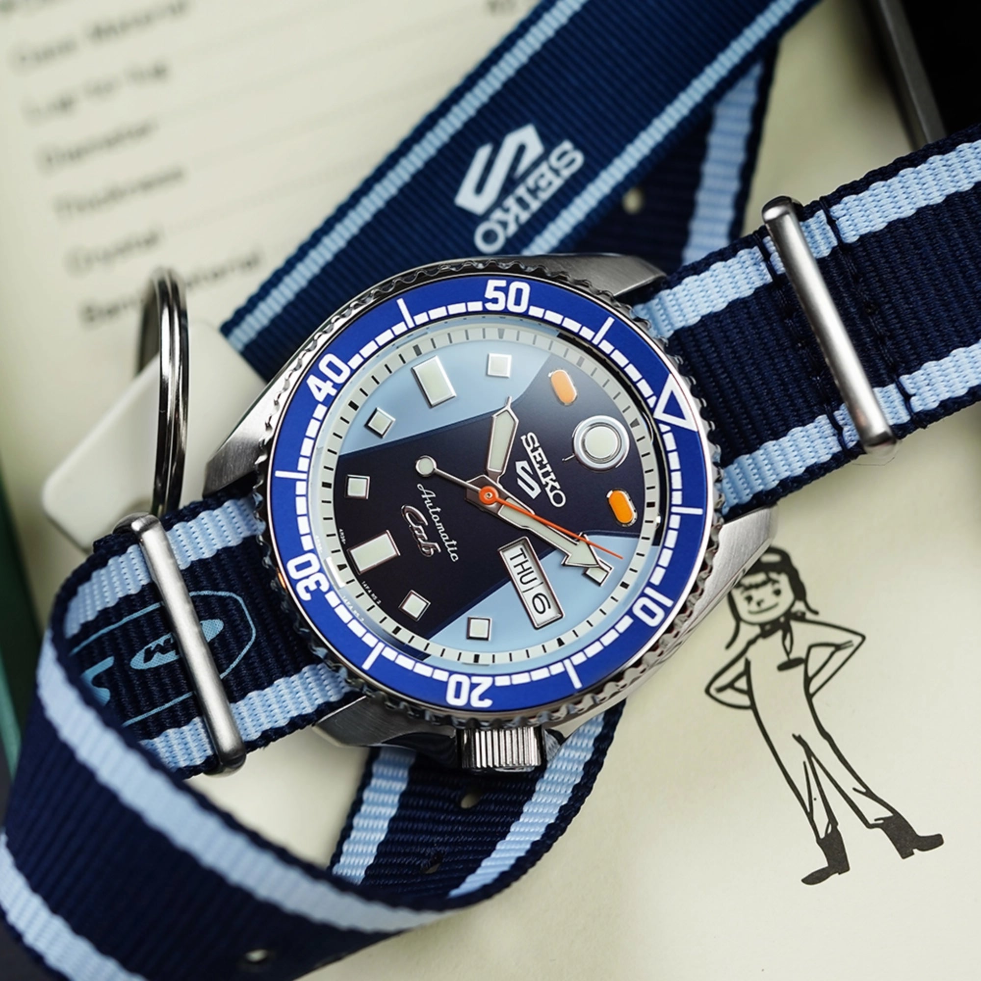 Seiko 5 Sports x Honda Super Cub III Automatic Blue Dial Blue NATO Strap Men's Watch SRPK37K1