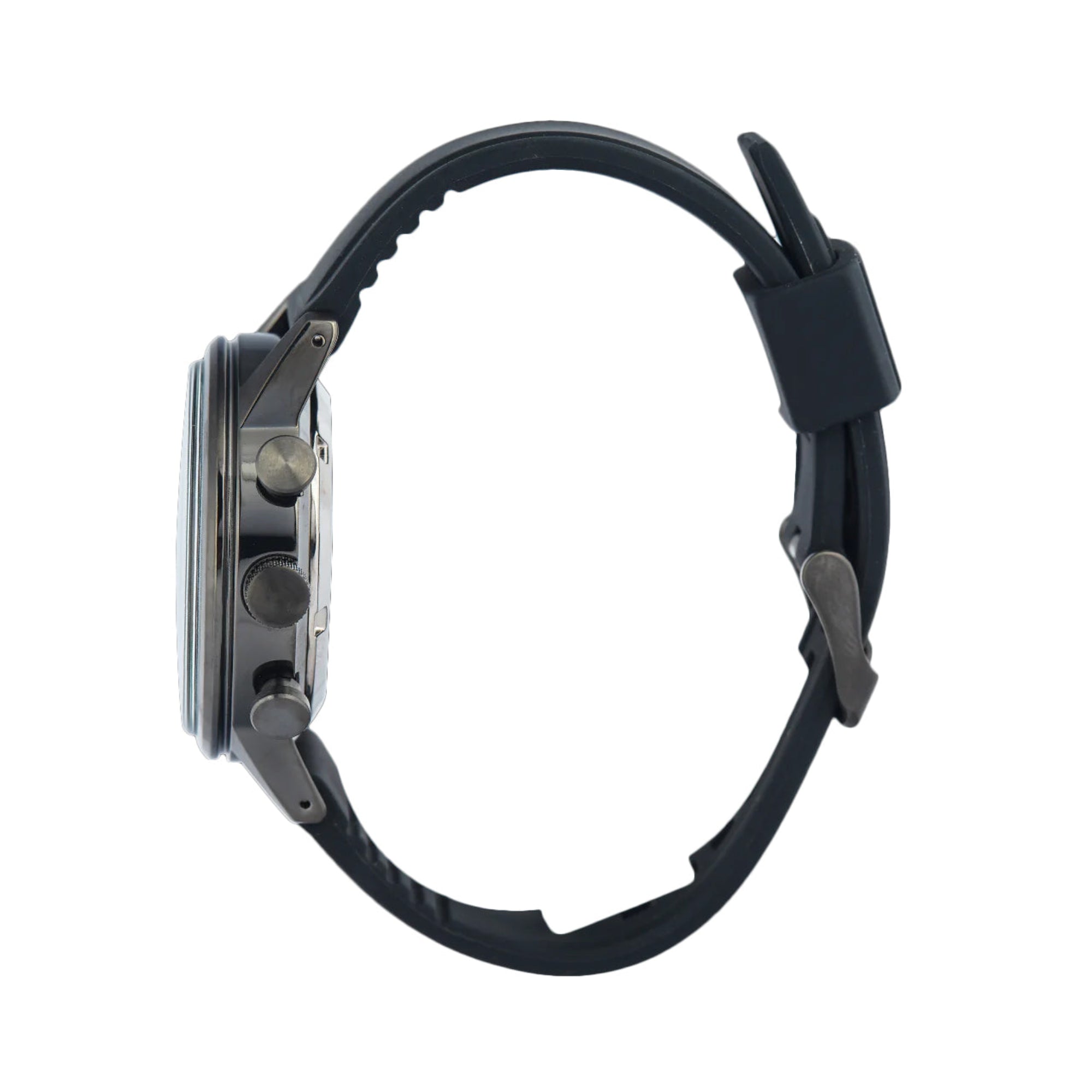 Black wristwatch with a strap on a white background