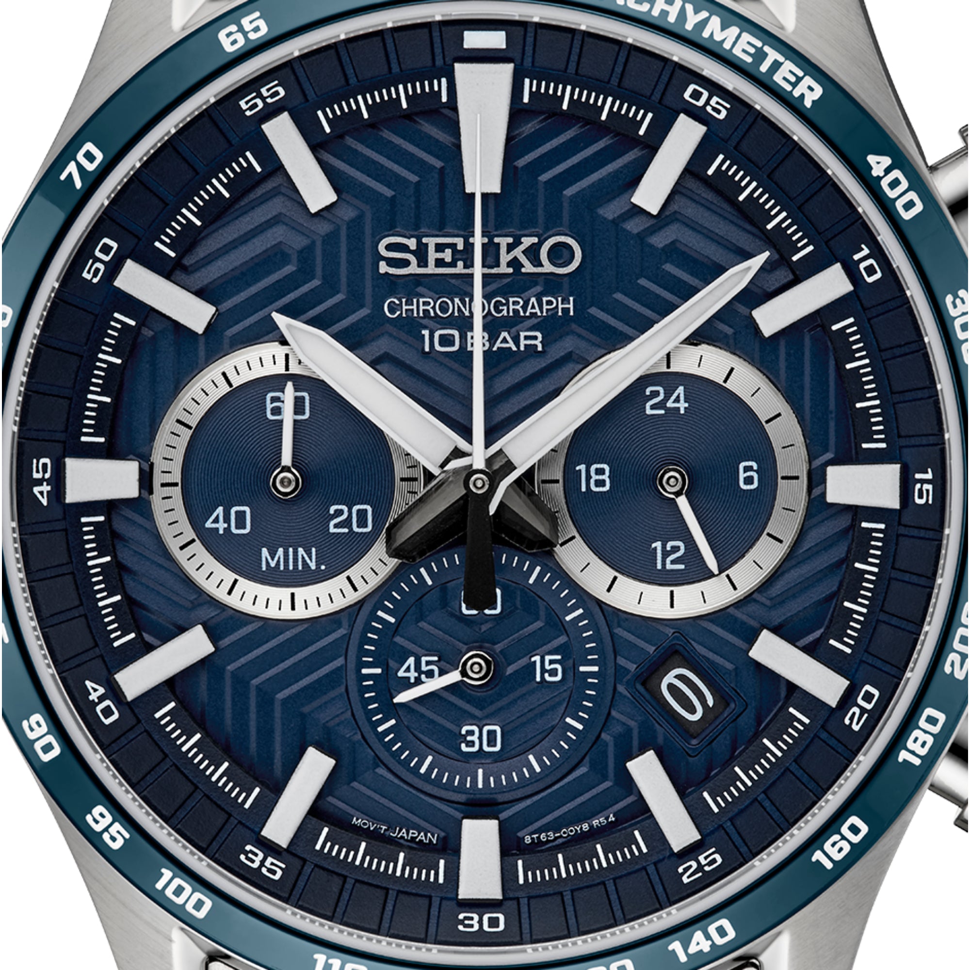 Close-up of Seiko SSB445P1 chronograph blue dial showing sub-dials, tachymeter bezel and date window