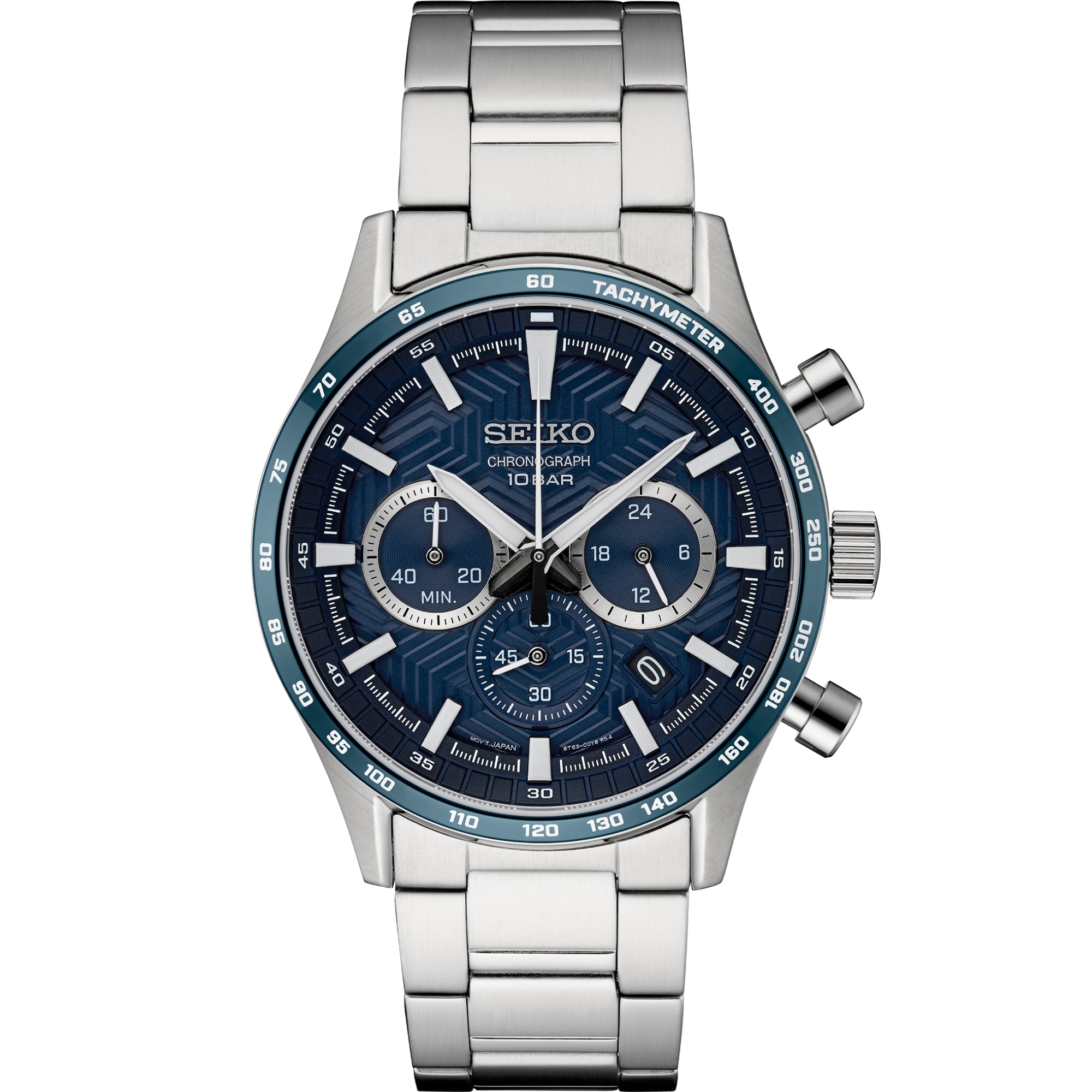 Front view of Seiko SSB445P1 blue dial chronograph watch with stainless steel bracelet