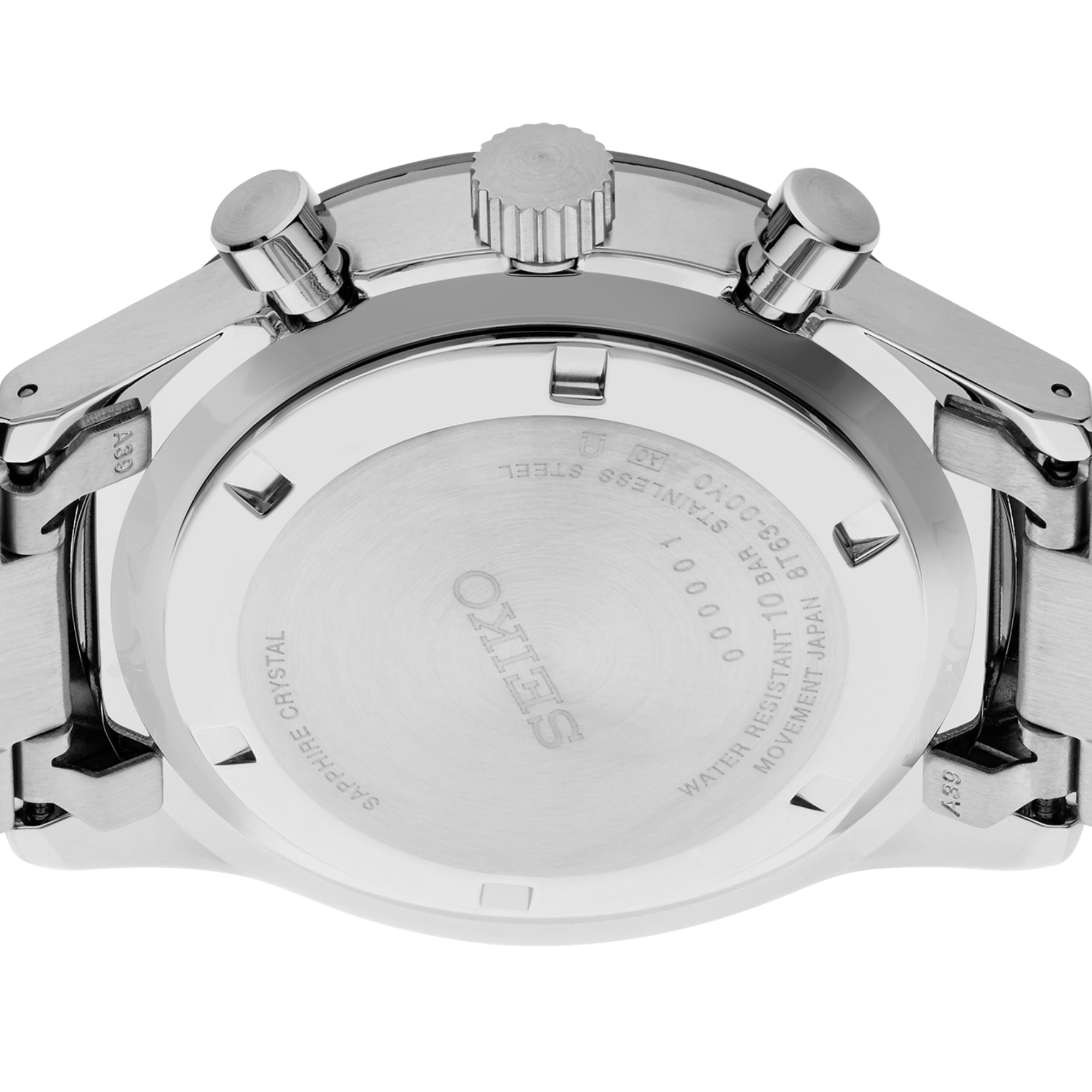 Close-up of Seiko SSB445P1 case-back with engraved specifications