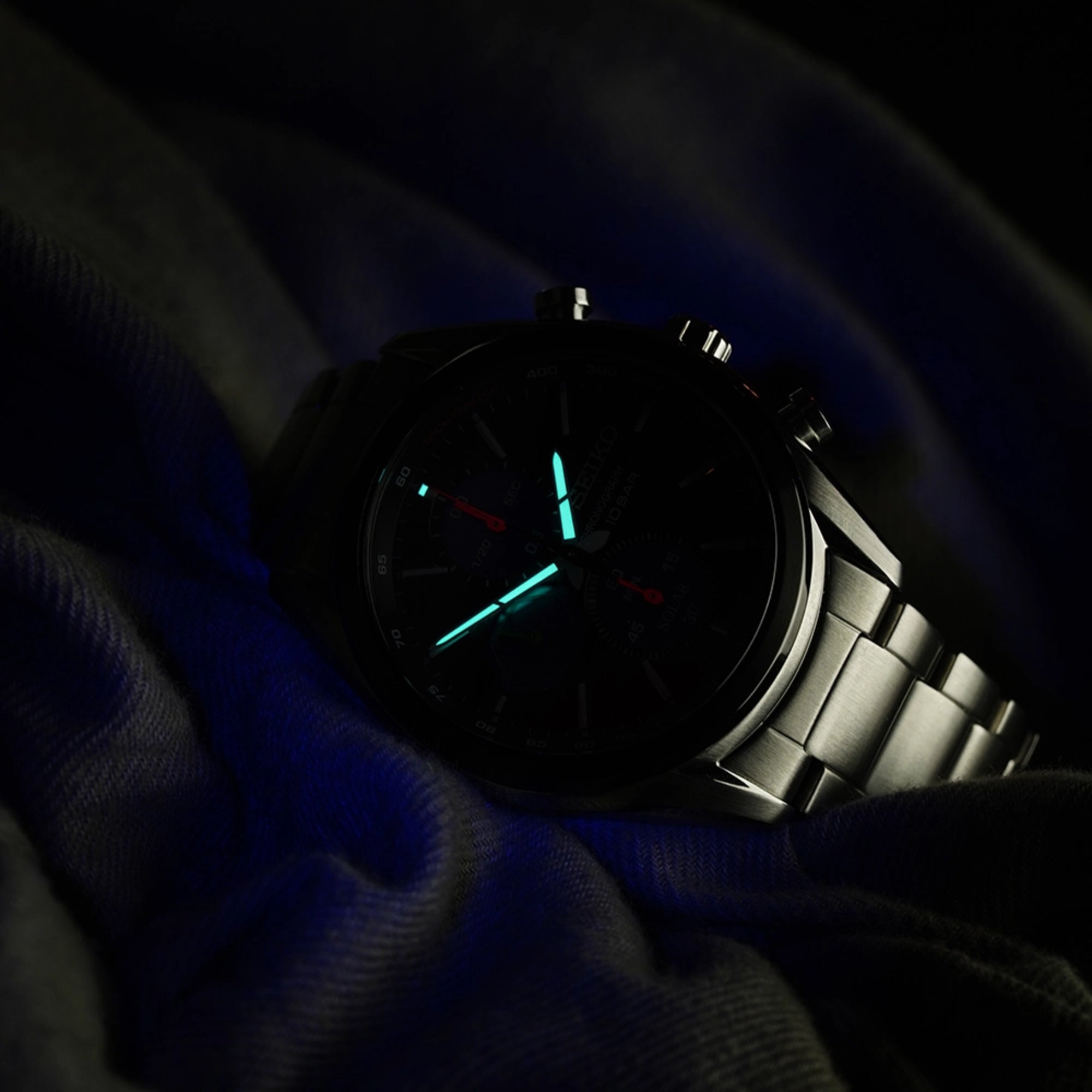 Seiko Conceptual Solar Quartz Black Chronograph Dial Steel Bracelet Men's Watch SSC803P1