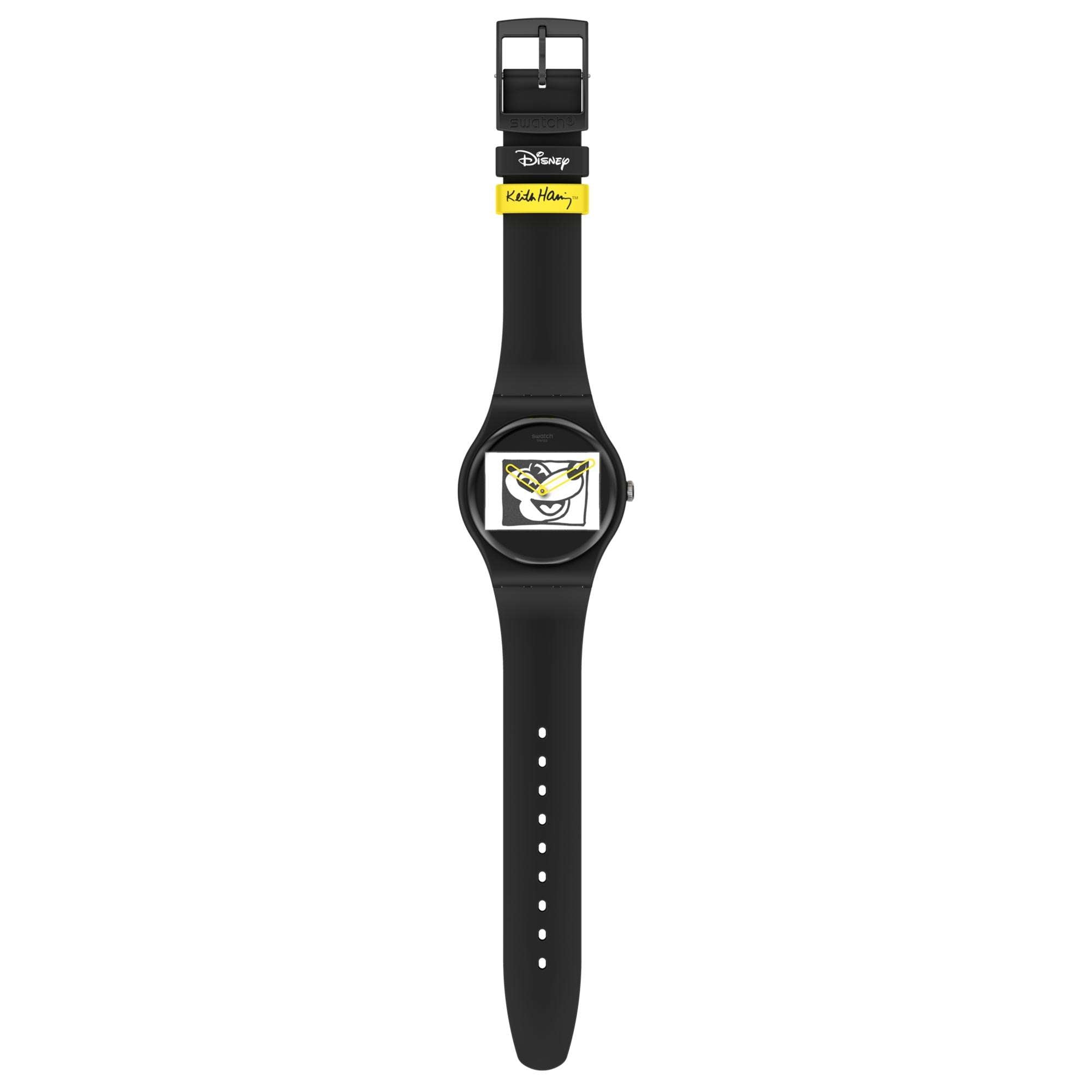Swatch Keith Haring X Disney Mickey Blanc Sur Noir Black Dial Silicone Strap Unisex Watch SUOZ337