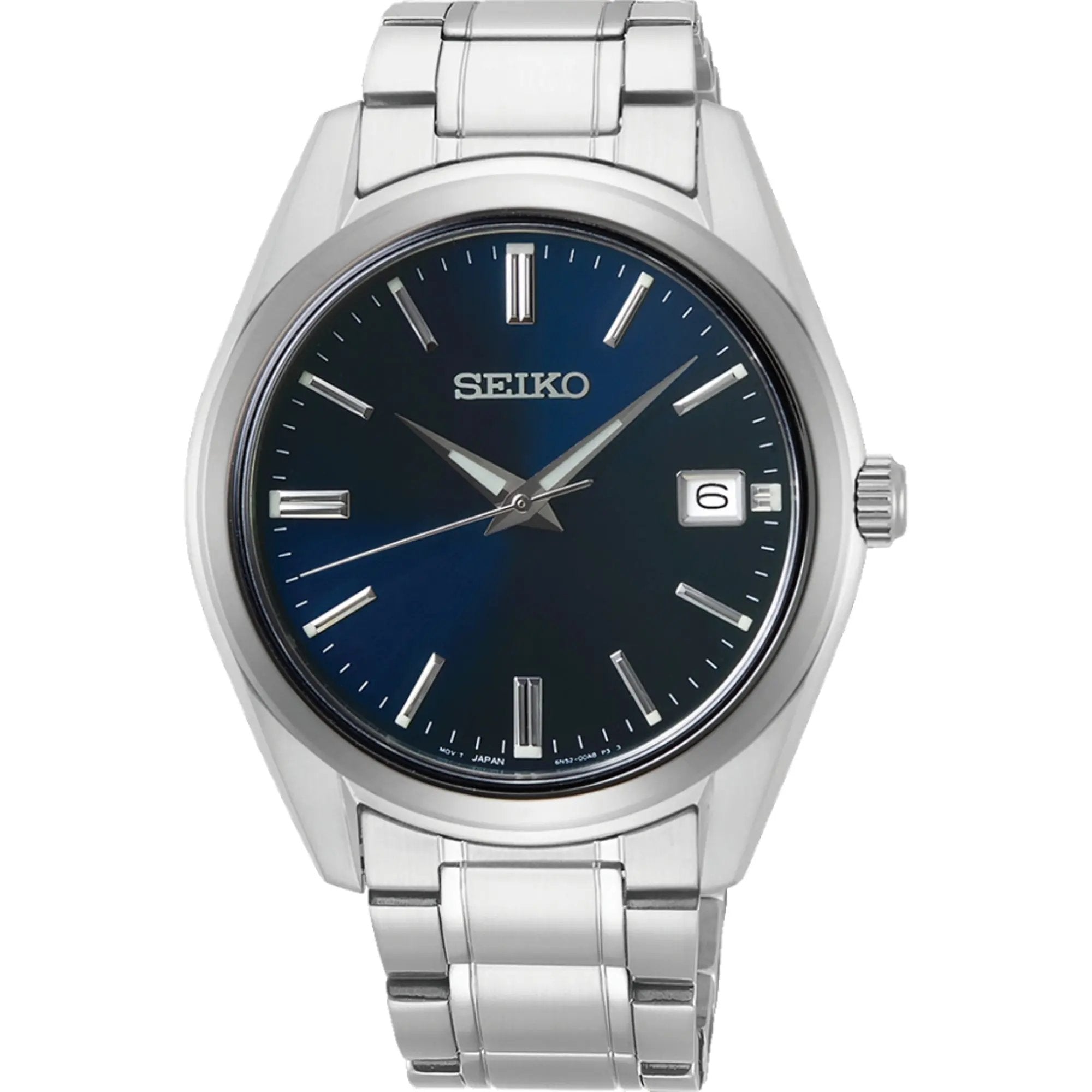 Front view of the Seiko SUR309P1 watch showcasing its deep blue dial, stainless steel case, and matching bracelet link