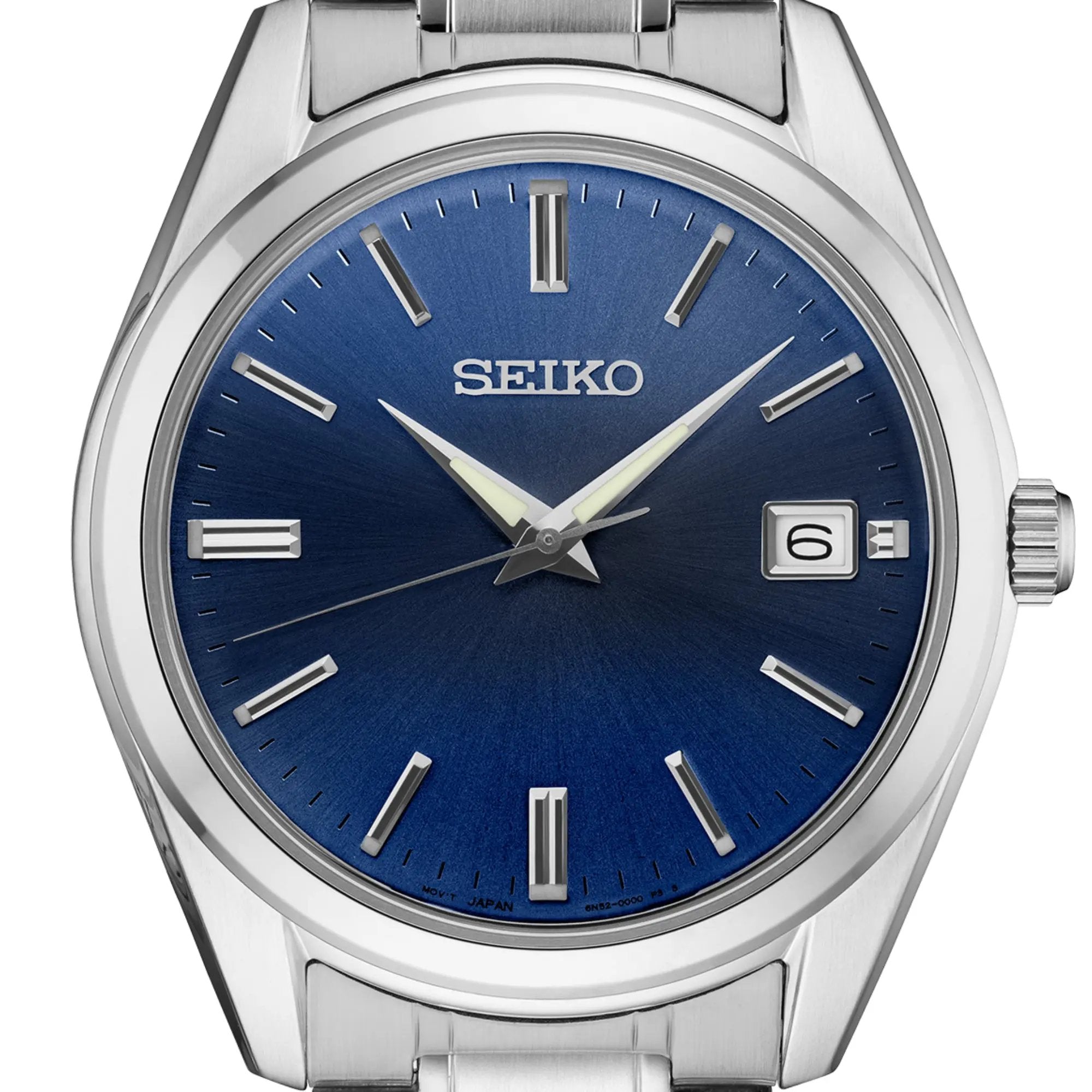 Close-up detailed shot of the blue dial design and silver-tone hardware on the Seiko Essentials SUR309P1