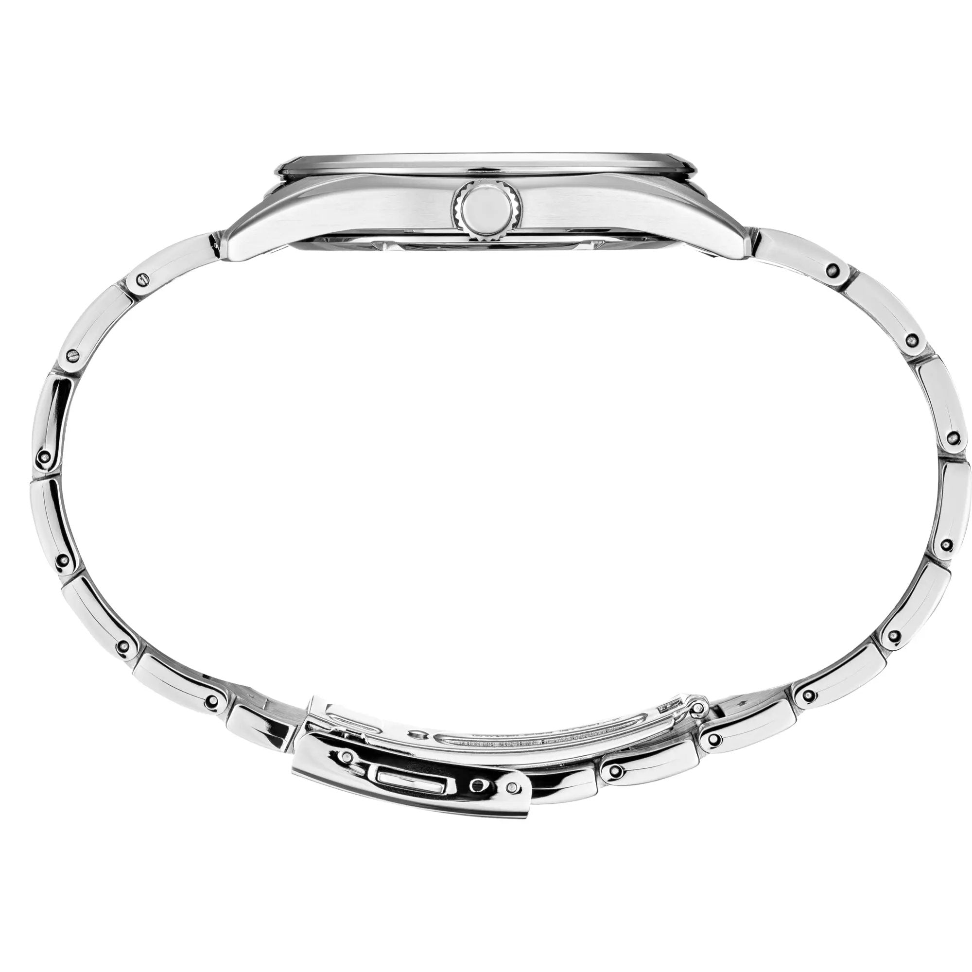 Side profile view displaying the oval shape of the full bracelet loop and case thickness for the Seiko Essentials mens quartz watch