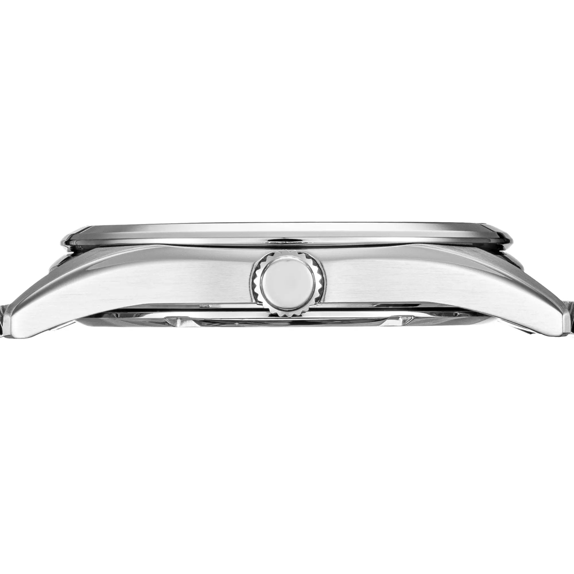 Side profile view emphasizing the slim case thickness and polished finish of the Seiko Steel Mens Quartz Watch SUR309P1